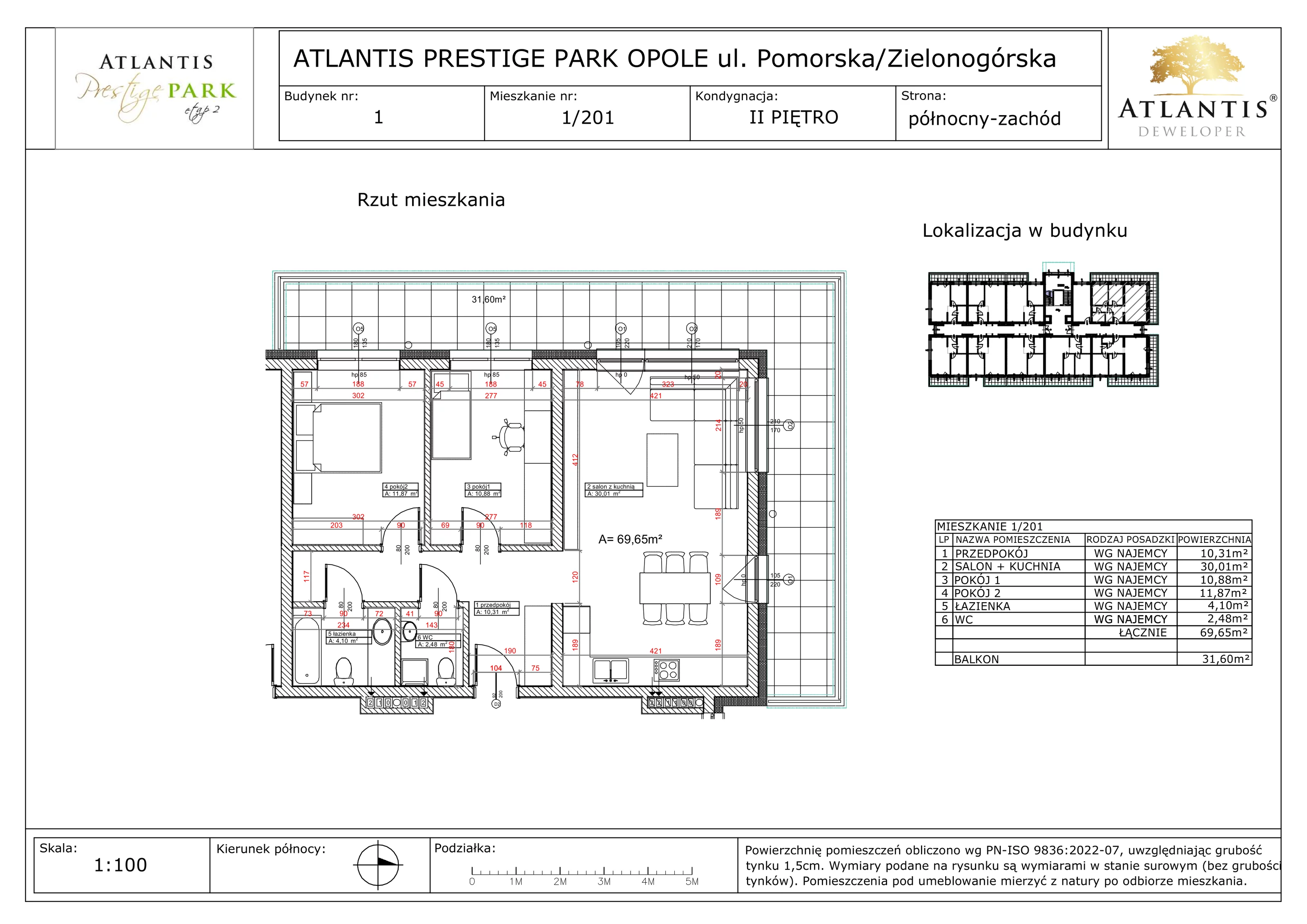 Apartament 69,65 m², piętro 2, oferta nr 1/201, Atlantis Prestige Park Etap 2, Opole, Malinka, ul. Pomorska / Zielonogórska / Harcmistrza Kamińskiego