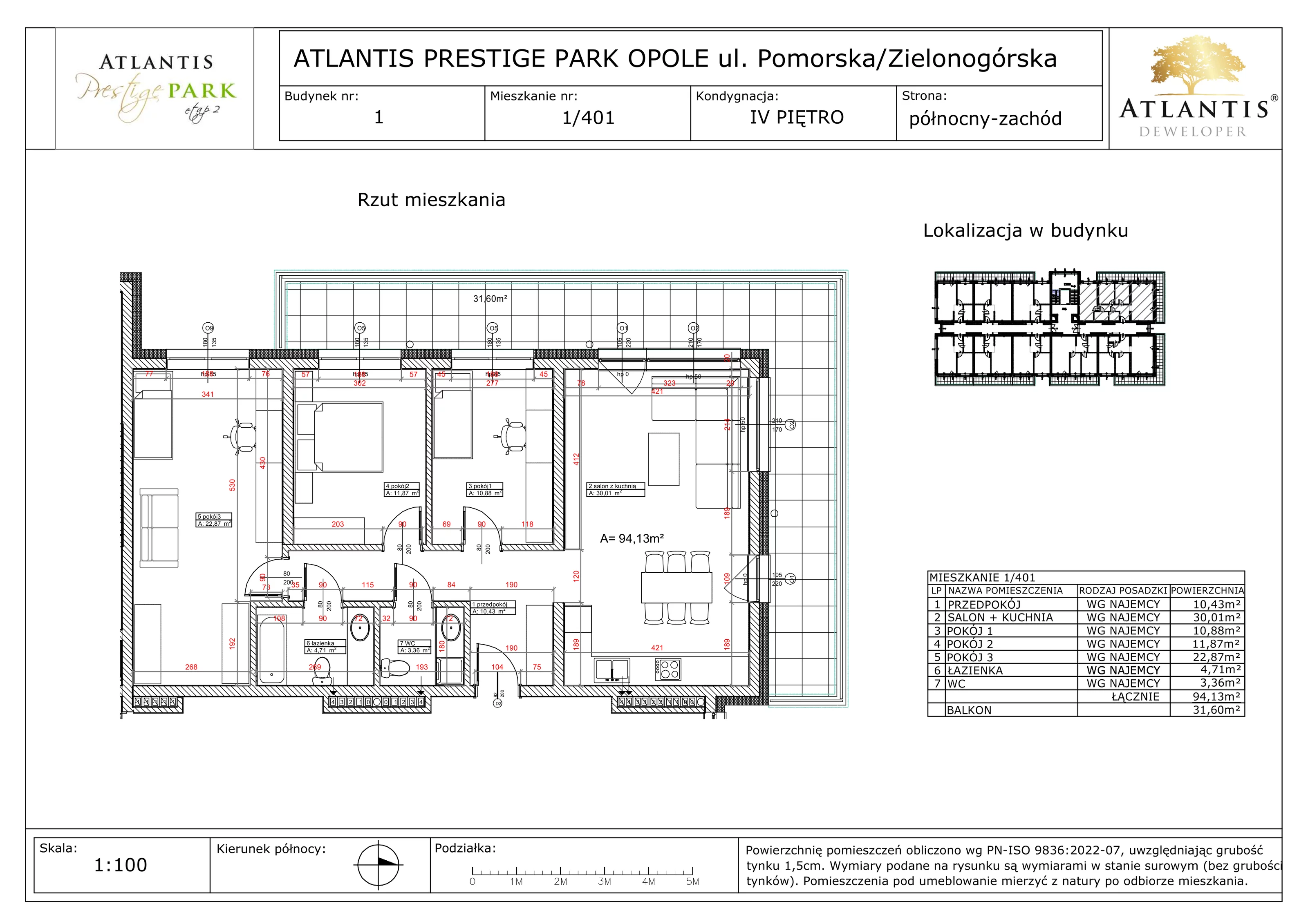 4 pokoje, apartament 94,13 m², piętro 4, oferta nr 1/401, Atlantis Prestige Park, Opole, Malinka, ul. Pomorska / Zielonogórska / Harcmistrza Kamińskiego