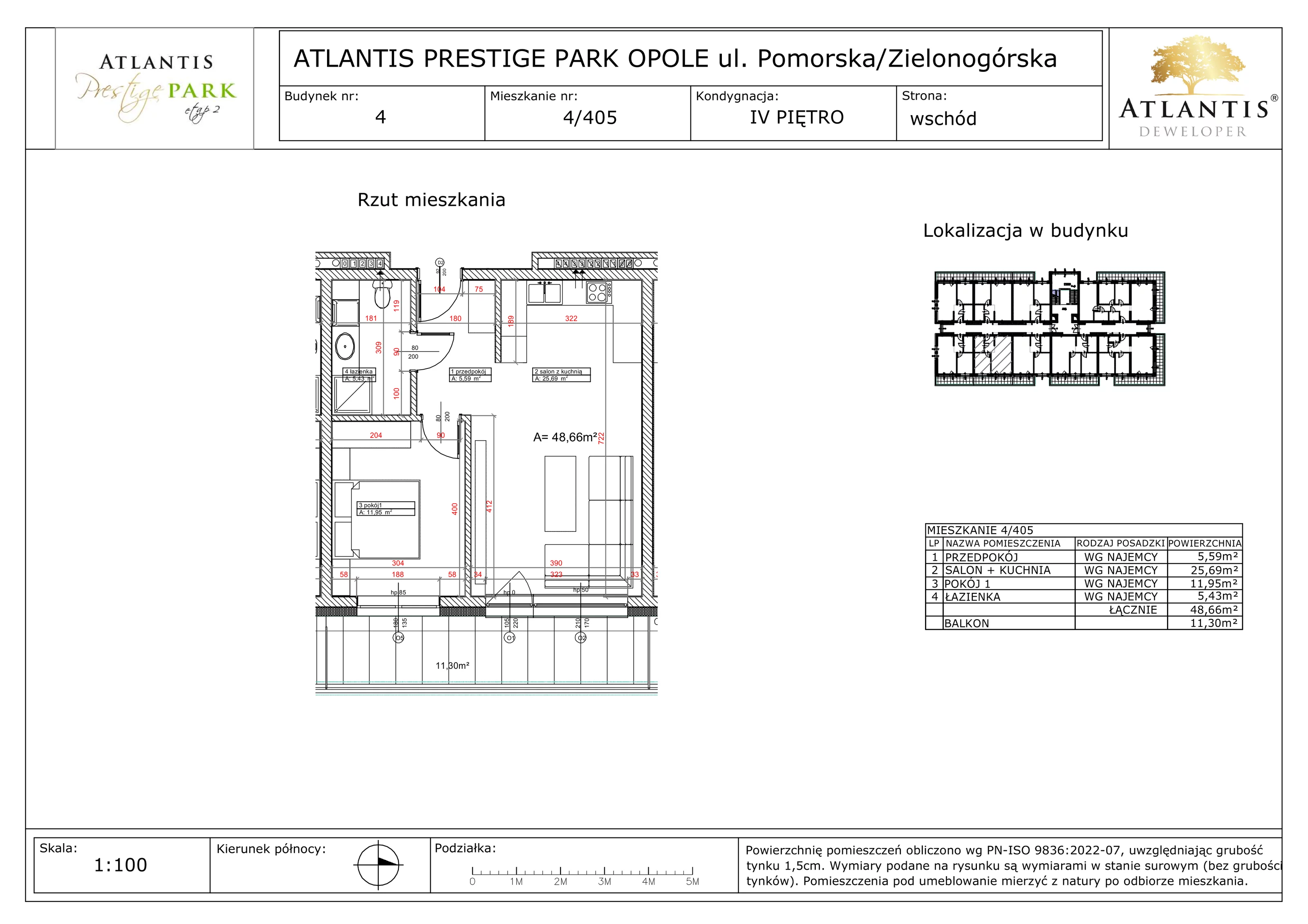 2 pokoje, apartament 48,66 m², piętro 4, oferta nr 4/405, Atlantis Prestige Park, Opole, Malinka, ul. Pomorska / Zielonogórska / Harcmistrza Kamińskiego