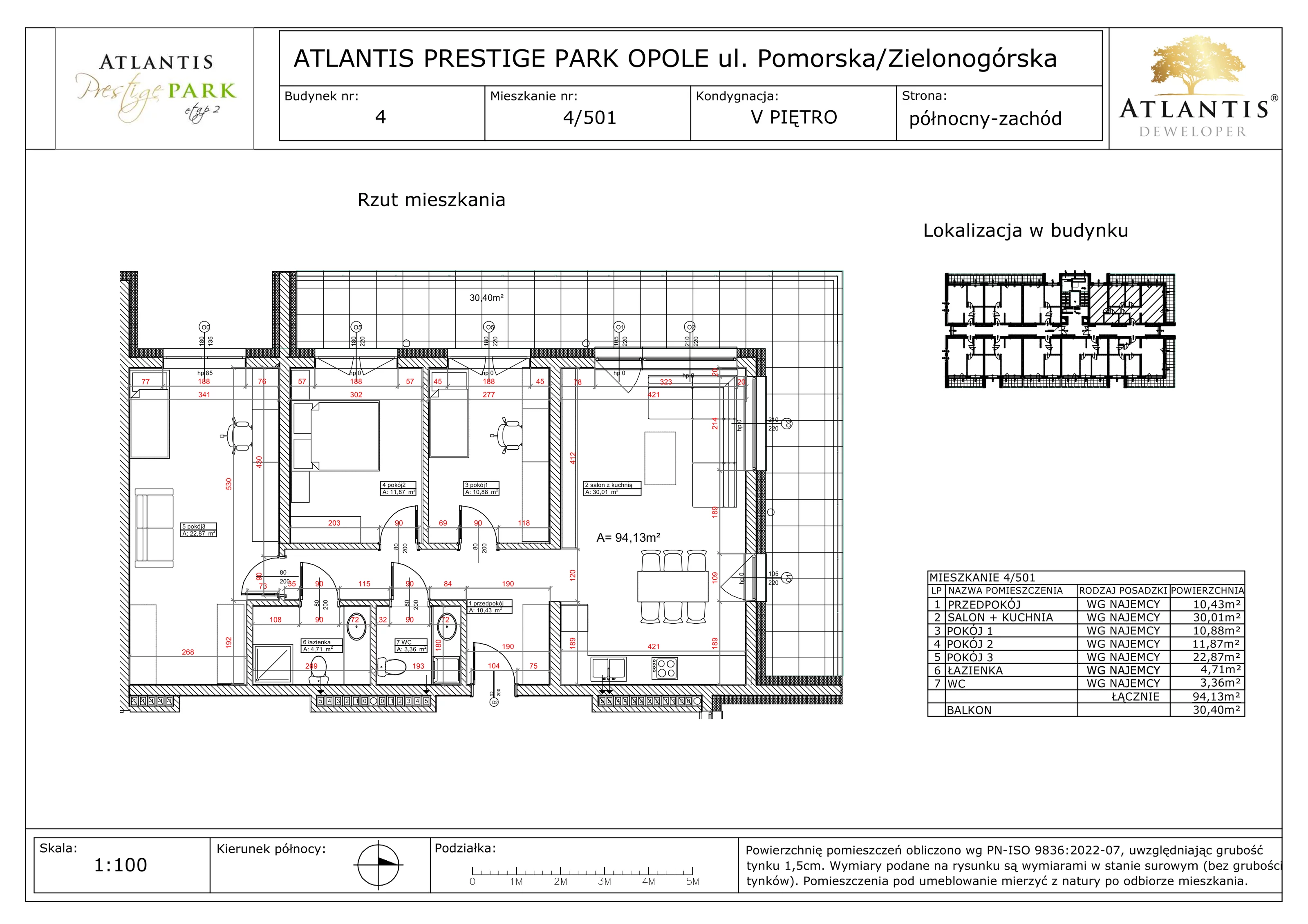4 pokoje, apartament 94,13 m², piętro 5, oferta nr 4/501, Atlantis Prestige Park, Opole, Malinka, ul. Pomorska / Zielonogórska / Harcmistrza Kamińskiego