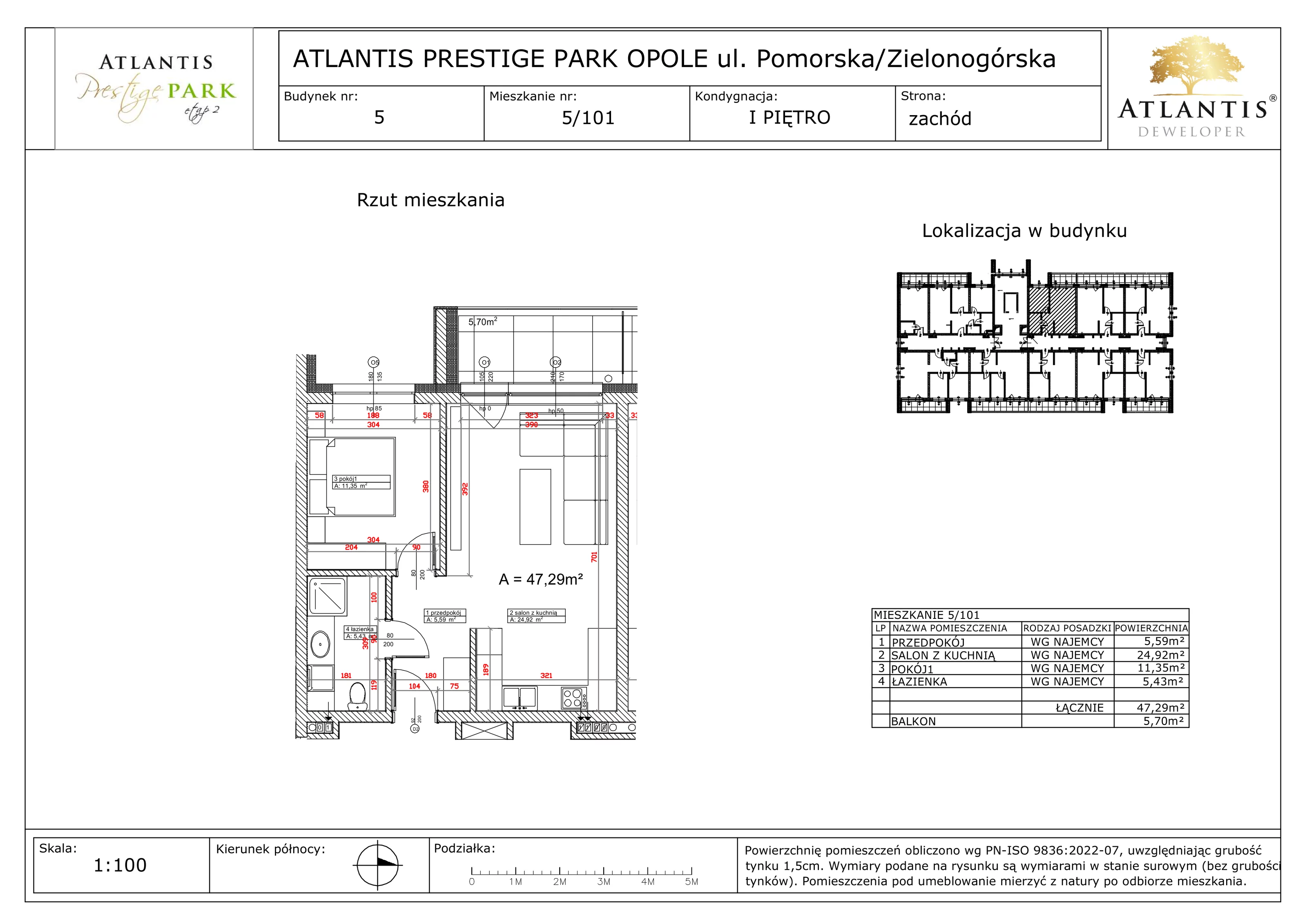 2 pokoje, apartament 47,29 m², piętro 1, oferta nr 5/101, Atlantis Prestige Park, Opole, Malinka, ul. Pomorska / Zielonogórska / Harcmistrza Kamińskiego