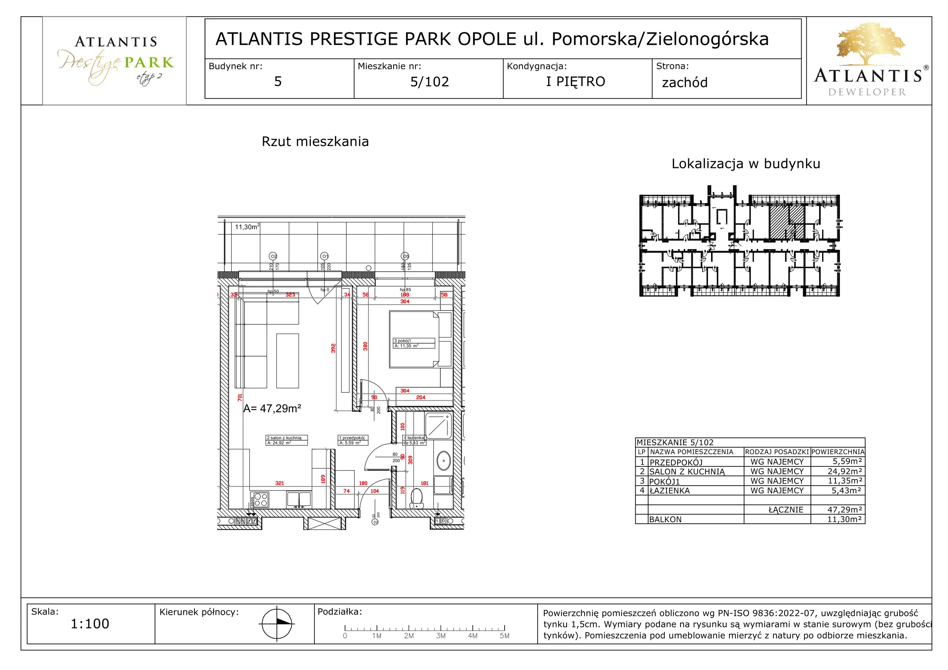 2 pokoje, apartament 47,29 m², piętro 1, oferta nr 5/102, Atlantis Prestige Park, Opole, Malinka, ul. Pomorska / Zielonogórska / Harcmistrza Kamińskiego