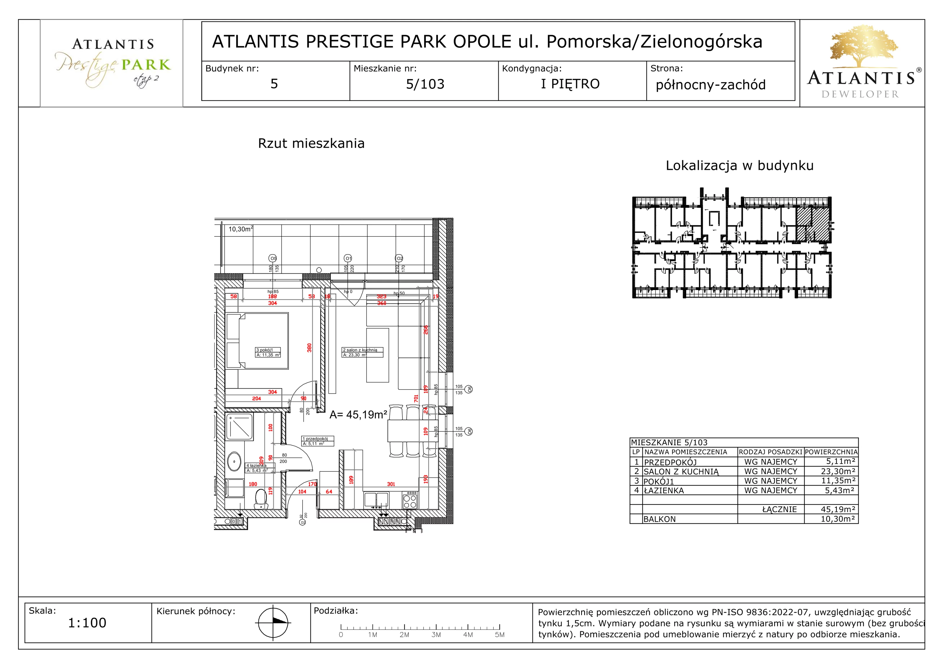 2 pokoje, apartament 45,19 m², piętro 1, oferta nr 5/103, Atlantis Prestige Park, Opole, Malinka, ul. Pomorska / Zielonogórska / Harcmistrza Kamińskiego