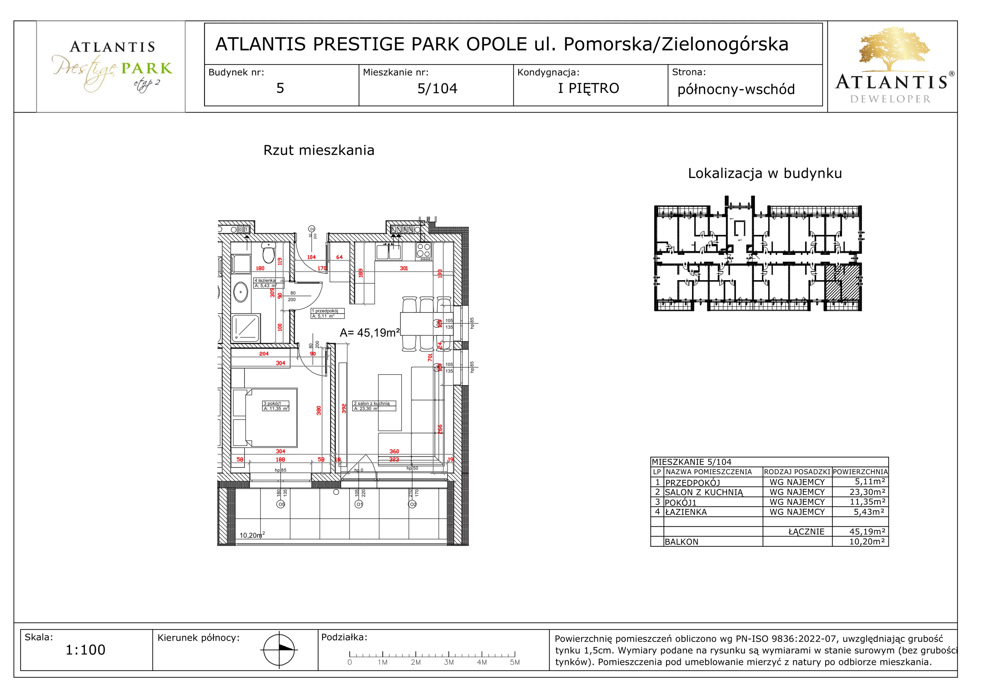 2 pokoje, apartament 45,19 m², piętro 1, oferta nr 5/104, Atlantis Prestige Park, Opole, Malinka, ul. Pomorska / Zielonogórska / Harcmistrza Kamińskiego