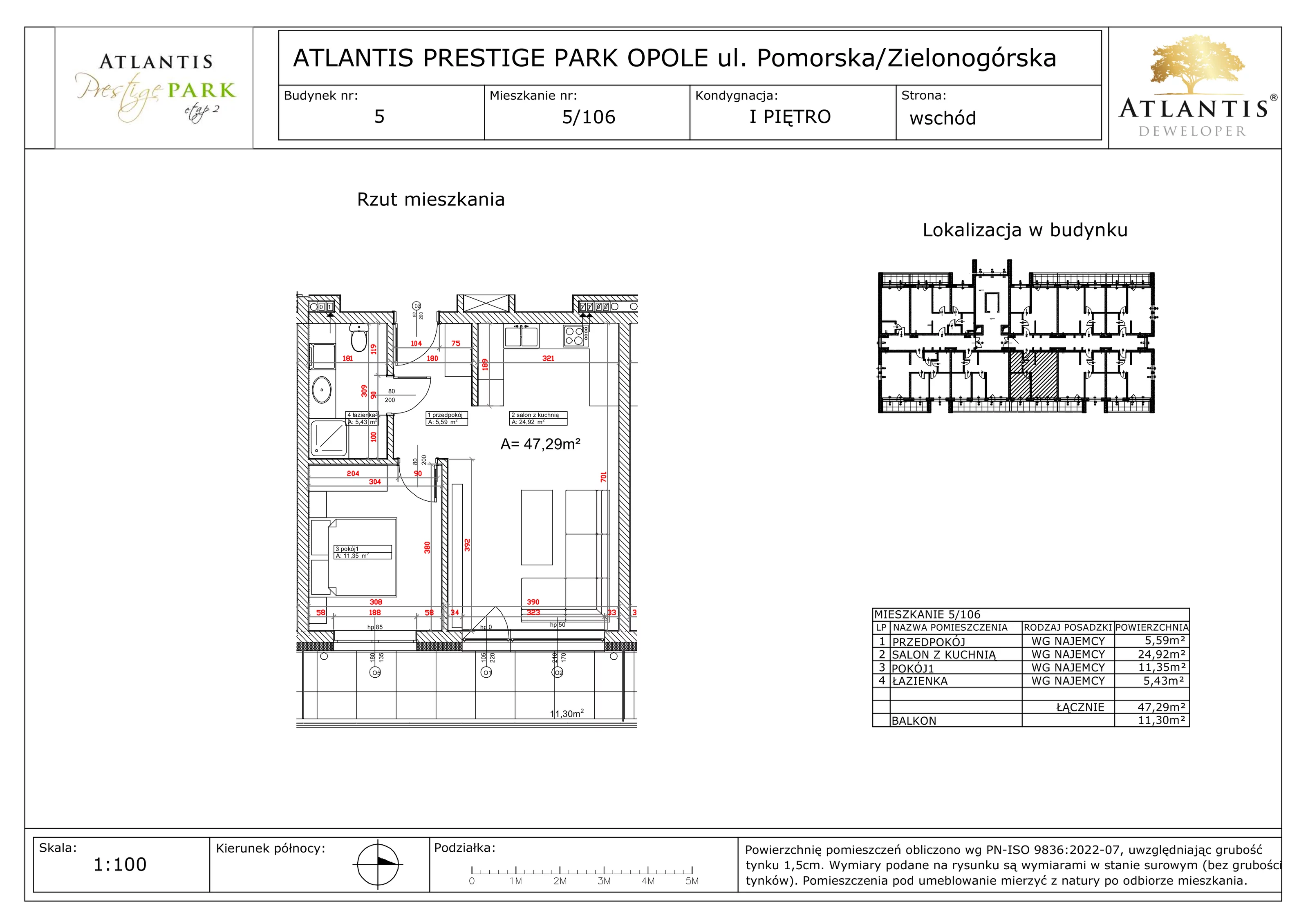 2 pokoje, apartament 47,29 m², piętro 1, oferta nr 5/106, Atlantis Prestige Park, Opole, Malinka, ul. Pomorska / Zielonogórska / Harcmistrza Kamińskiego