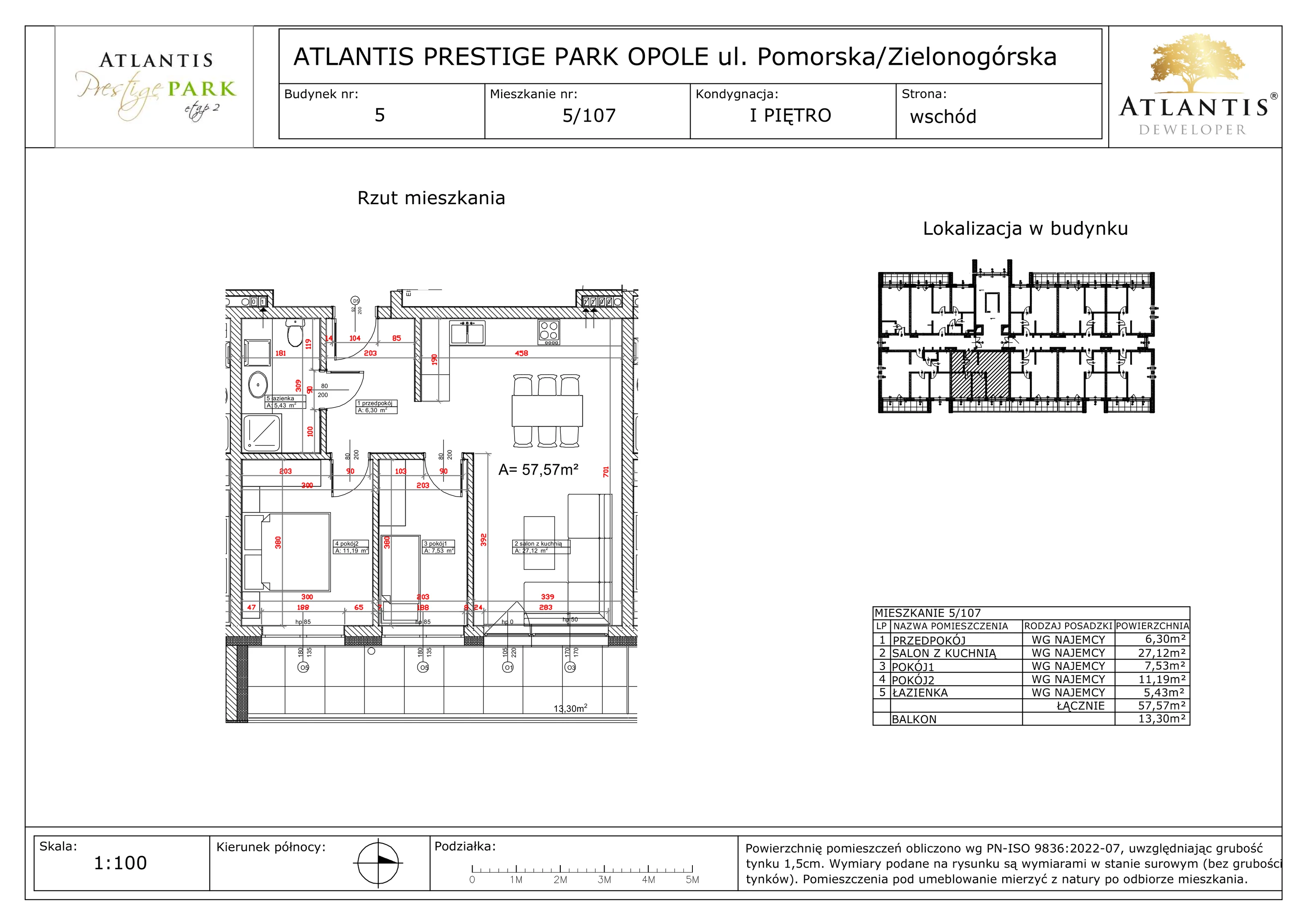 3 pokoje, apartament 57,57 m², piętro 1, oferta nr 5/107, Atlantis Prestige Park, Opole, Malinka, ul. Pomorska / Zielonogórska / Harcmistrza Kamińskiego