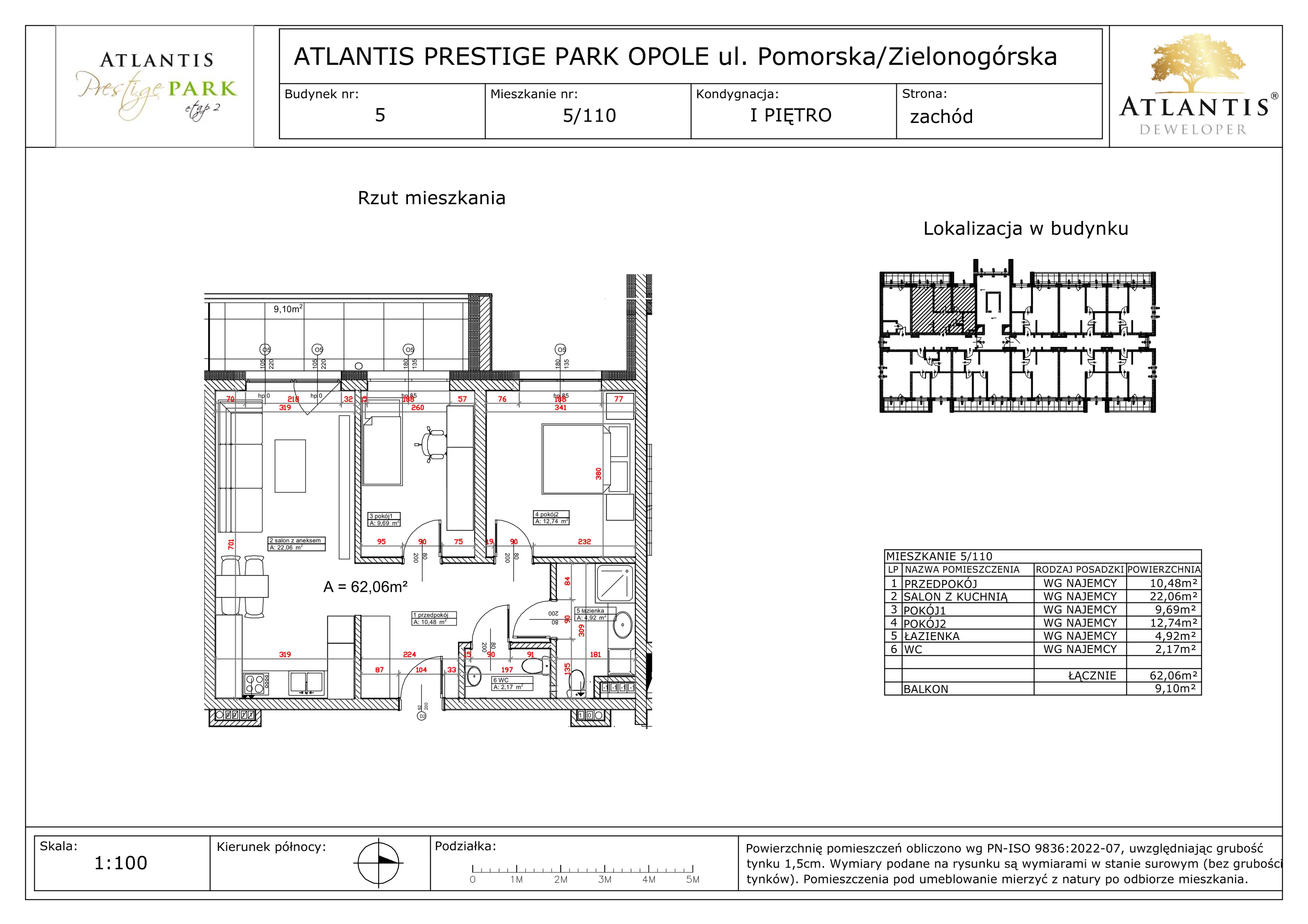 3 pokoje, apartament 62,06 m², piętro 1, oferta nr 5/110, Atlantis Prestige Park, Opole, Malinka, ul. Pomorska / Zielonogórska / Harcmistrza Kamińskiego
