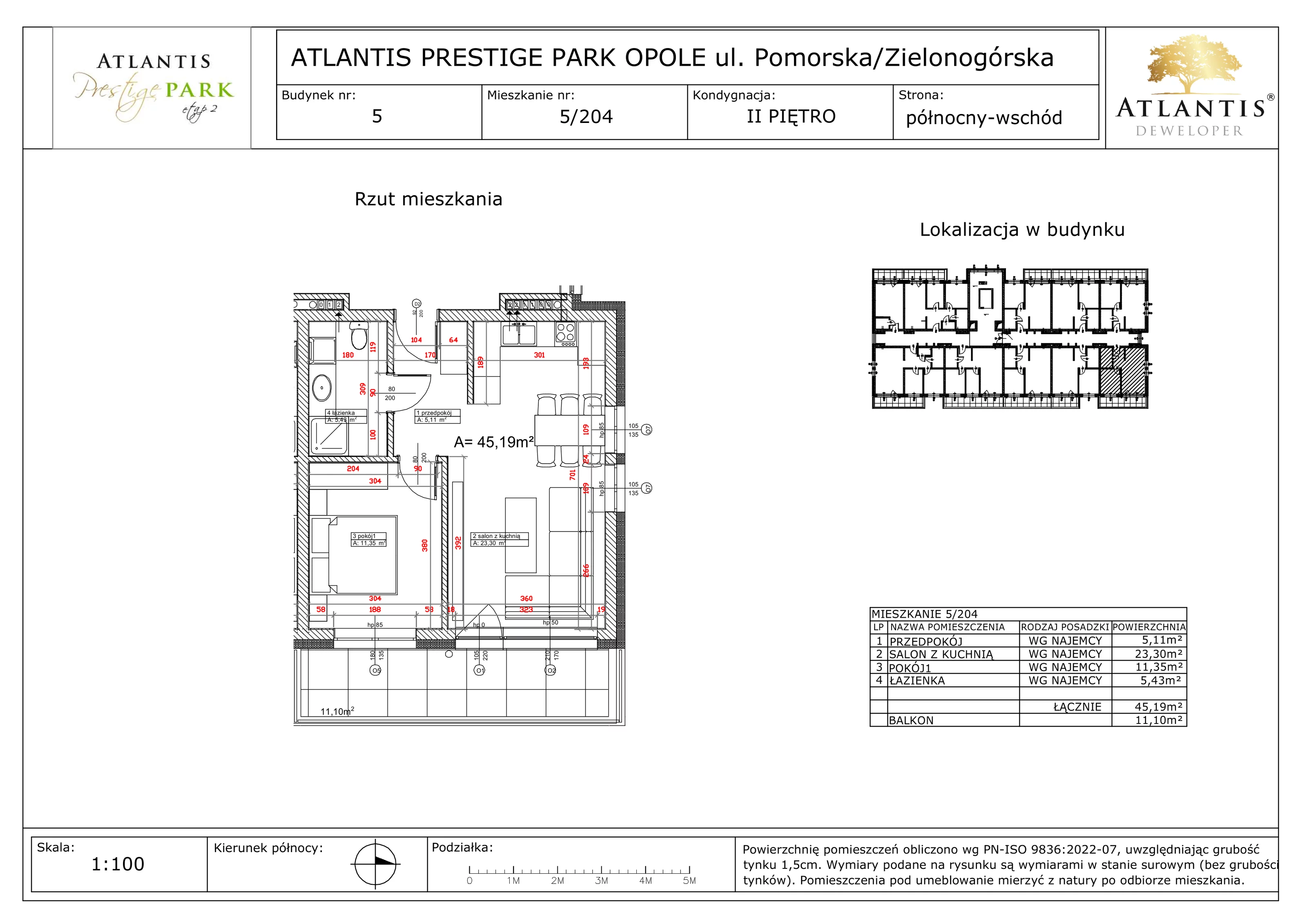 2 pokoje, apartament 45,19 m², piętro 2, oferta nr 5/204, Atlantis Prestige Park, Opole, Malinka, ul. Pomorska / Zielonogórska / Harcmistrza Kamińskiego