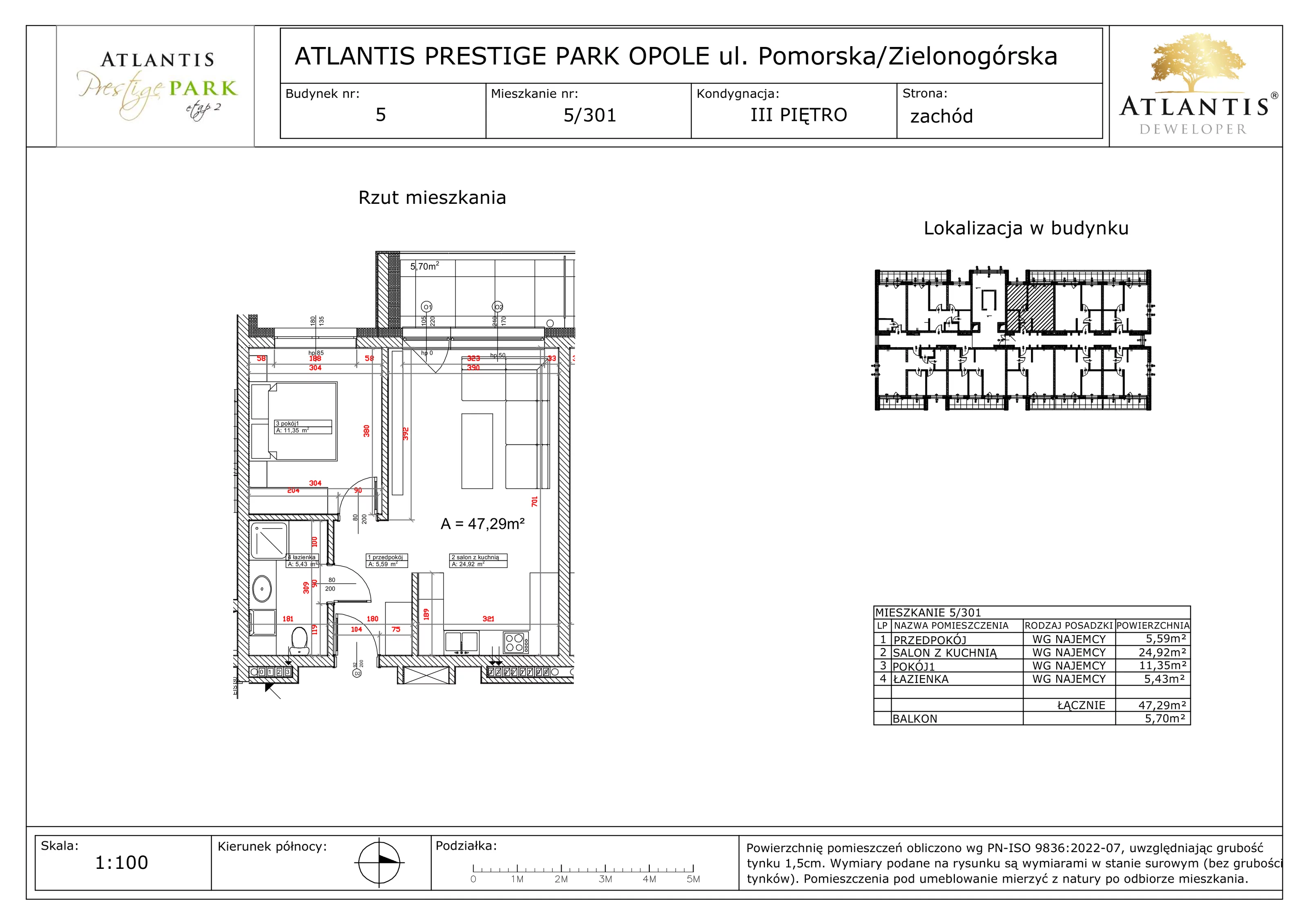 2 pokoje, apartament 47,29 m², piętro 3, oferta nr 5/301, Atlantis Prestige Park, Opole, Malinka, ul. Pomorska / Zielonogórska / Harcmistrza Kamińskiego