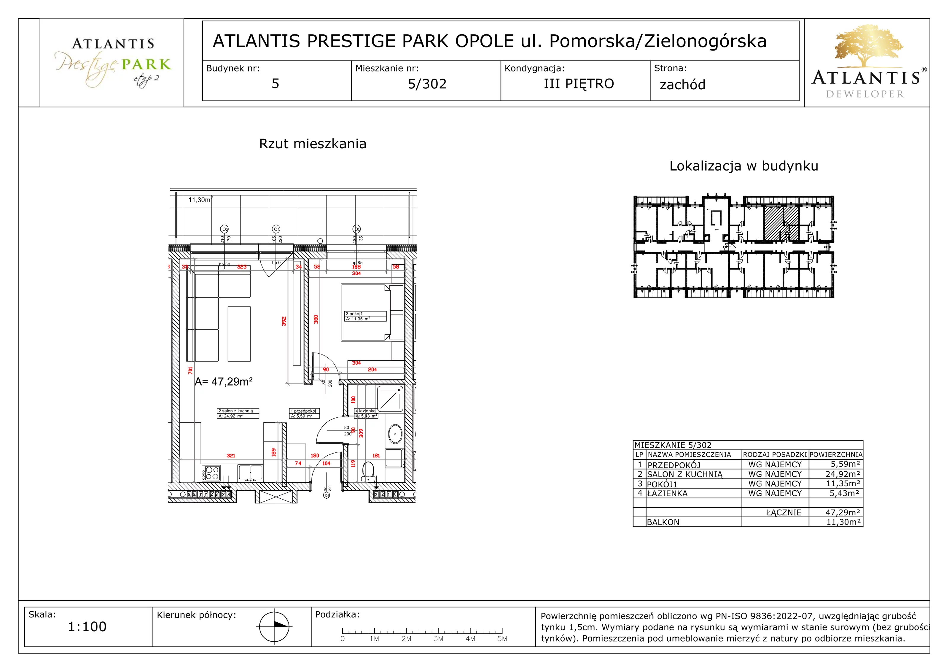 2 pokoje, apartament 47,29 m², piętro 3, oferta nr 5/302, Atlantis Prestige Park, Opole, Malinka, ul. Pomorska / Zielonogórska / Harcmistrza Kamińskiego