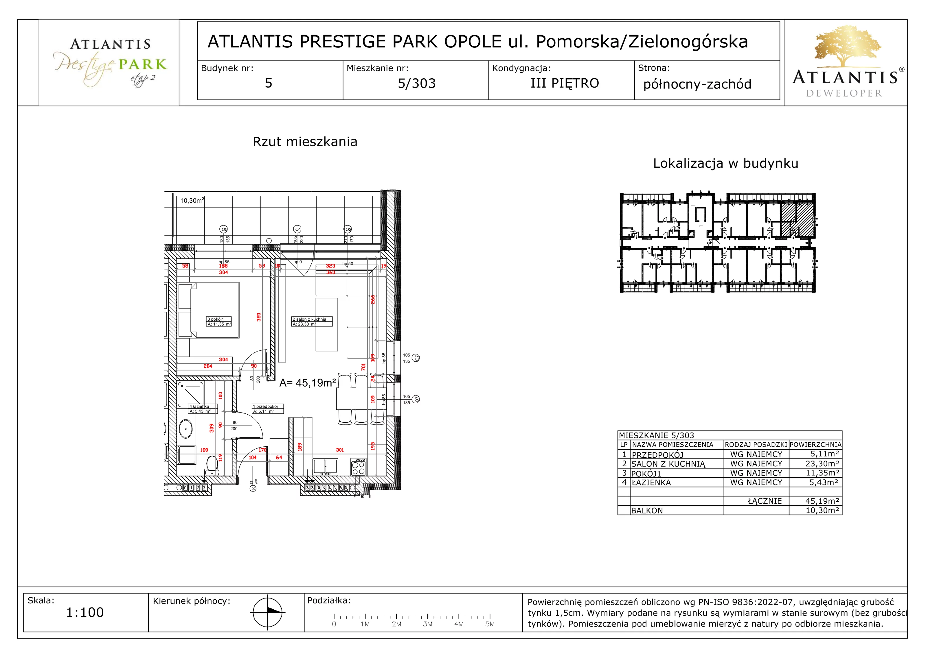 2 pokoje, apartament 45,19 m², piętro 3, oferta nr 5/303, Atlantis Prestige Park, Opole, Malinka, ul. Pomorska / Zielonogórska / Harcmistrza Kamińskiego