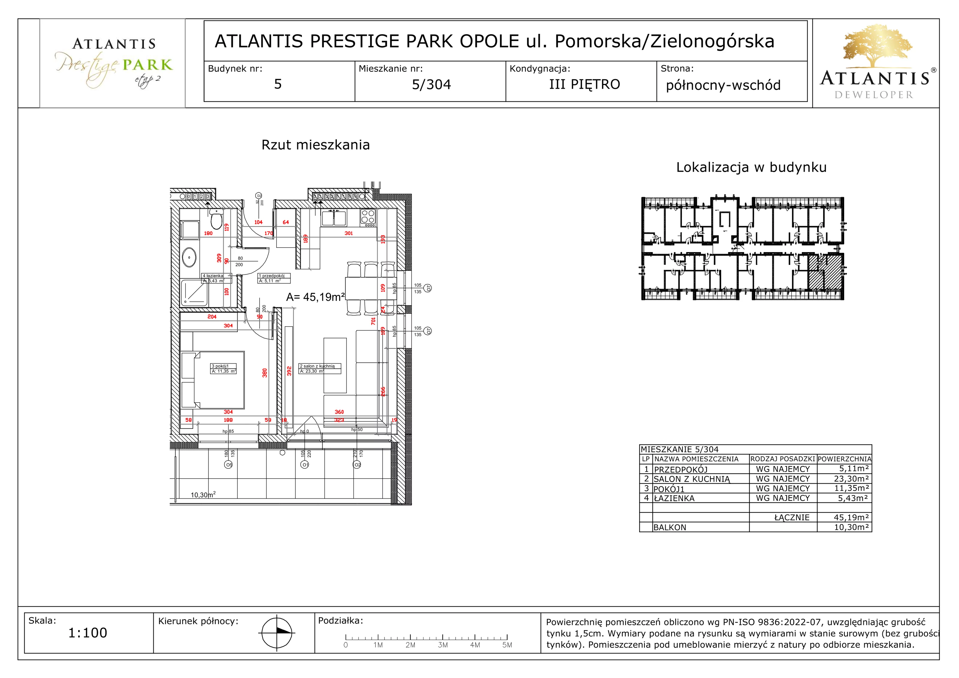 2 pokoje, apartament 45,19 m², piętro 3, oferta nr 5/304, Atlantis Prestige Park, Opole, Malinka, ul. Pomorska / Zielonogórska / Harcmistrza Kamińskiego