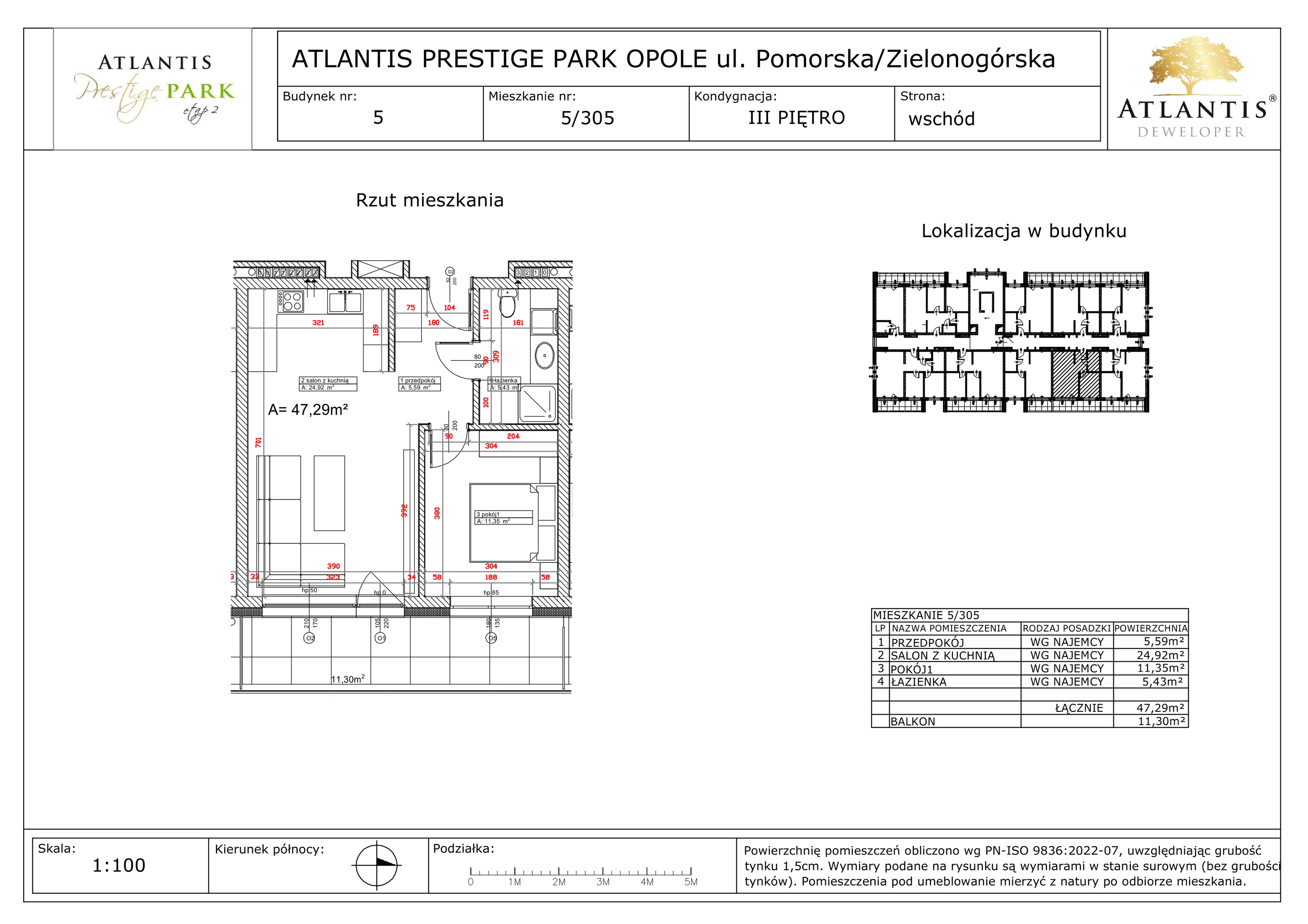 2 pokoje, apartament 47,29 m², piętro 3, oferta nr 5/305, Atlantis Prestige Park, Opole, Malinka, ul. Pomorska / Zielonogórska / Harcmistrza Kamińskiego