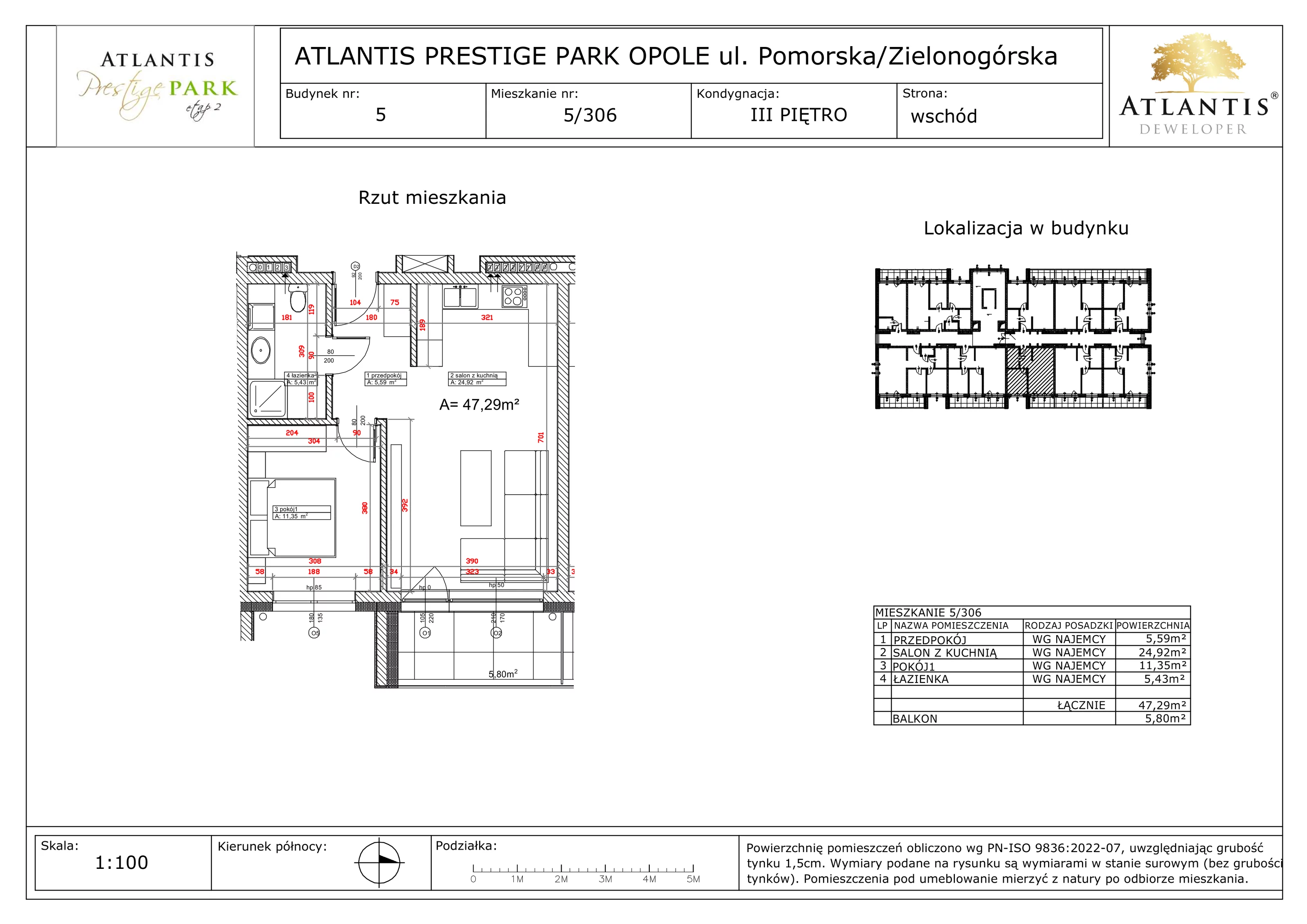 2 pokoje, apartament 47,29 m², piętro 3, oferta nr 5/306, Atlantis Prestige Park, Opole, Malinka, ul. Pomorska / Zielonogórska / Harcmistrza Kamińskiego