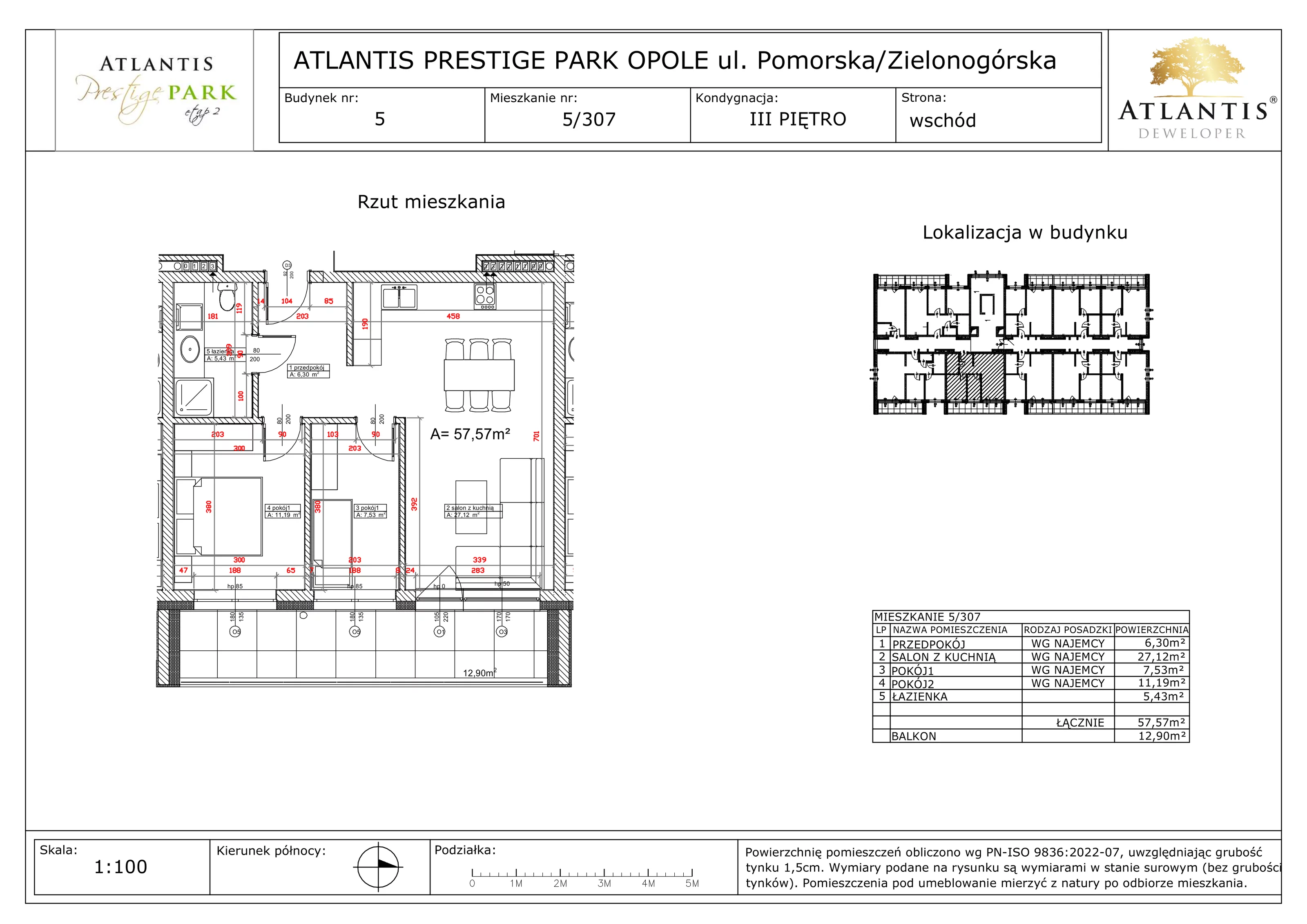 3 pokoje, apartament 57,57 m², piętro 3, oferta nr 5/307, Atlantis Prestige Park, Opole, Malinka, ul. Pomorska / Zielonogórska / Harcmistrza Kamińskiego