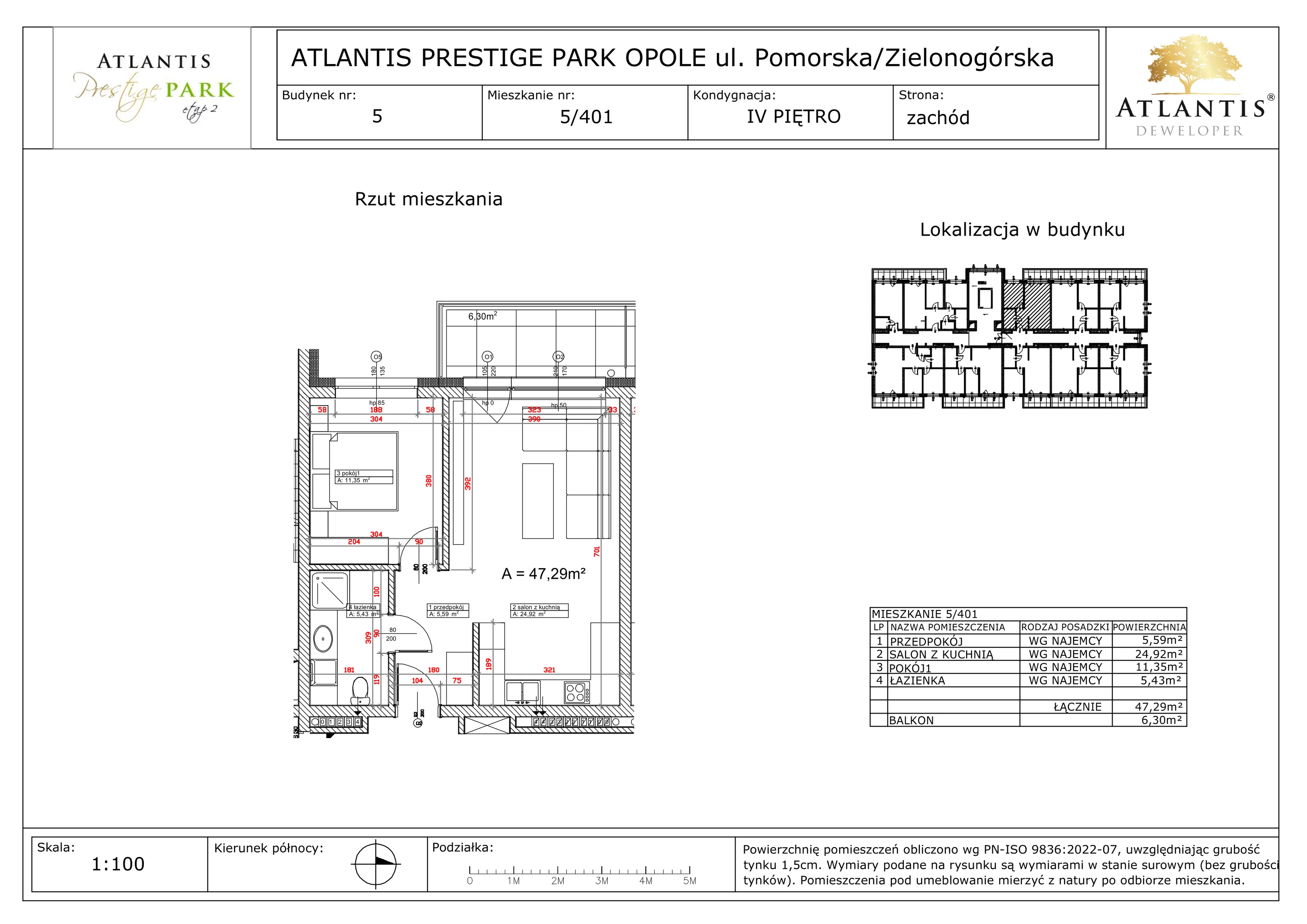 2 pokoje, apartament 47,29 m², piętro 4, oferta nr 5/401, Atlantis Prestige Park, Opole, Malinka, ul. Pomorska / Zielonogórska / Harcmistrza Kamińskiego