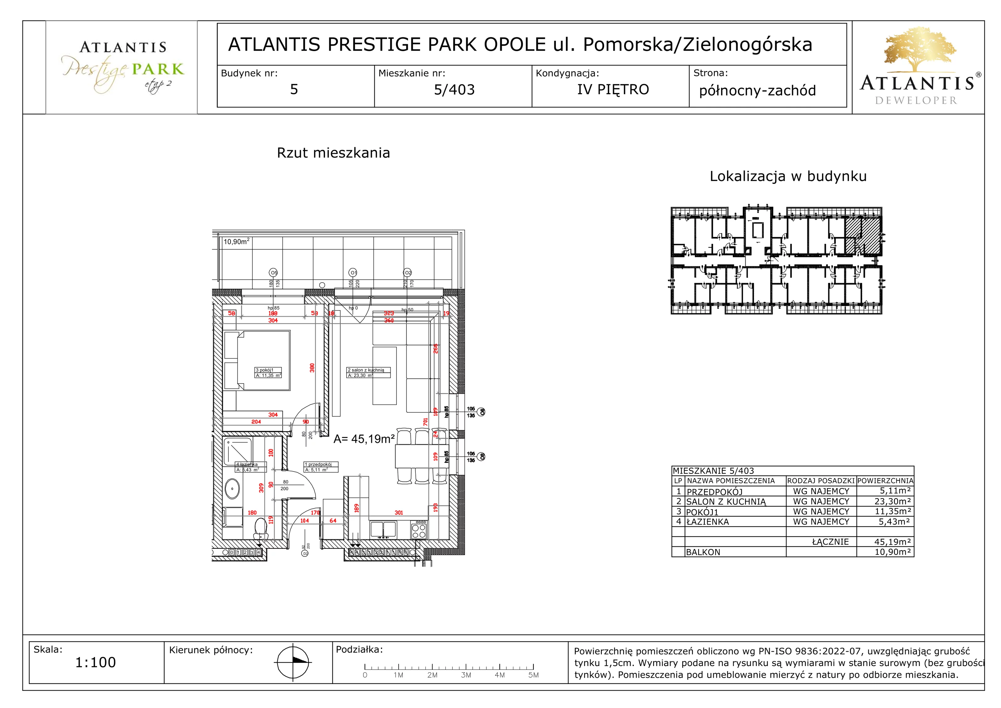 2 pokoje, apartament 45,19 m², piętro 4, oferta nr 5/403, Atlantis Prestige Park, Opole, Malinka, ul. Pomorska / Zielonogórska / Harcmistrza Kamińskiego