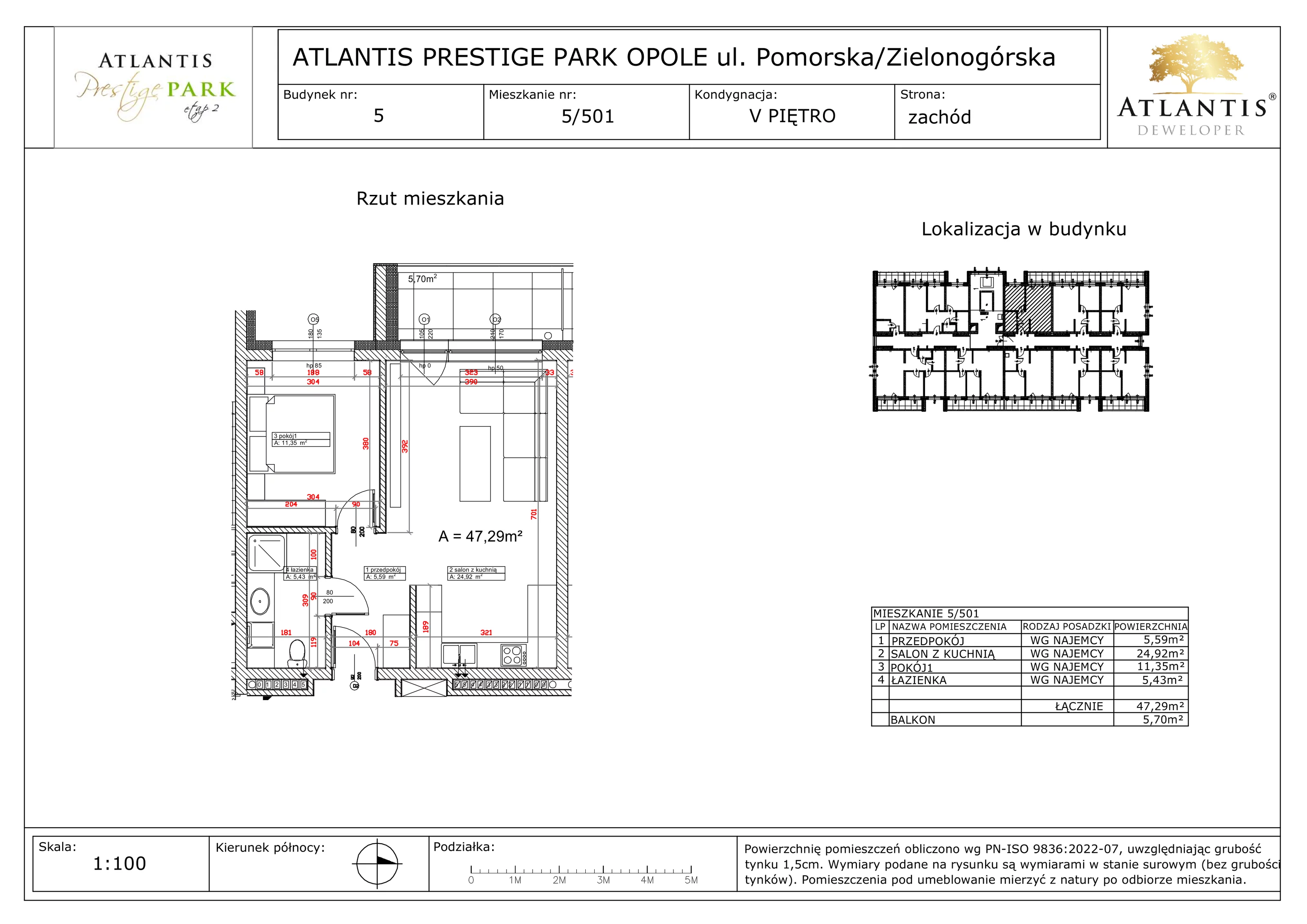 2 pokoje, apartament 47,29 m², piętro 5, oferta nr 5/501, Atlantis Prestige Park, Opole, Malinka, ul. Pomorska / Zielonogórska / Harcmistrza Kamińskiego