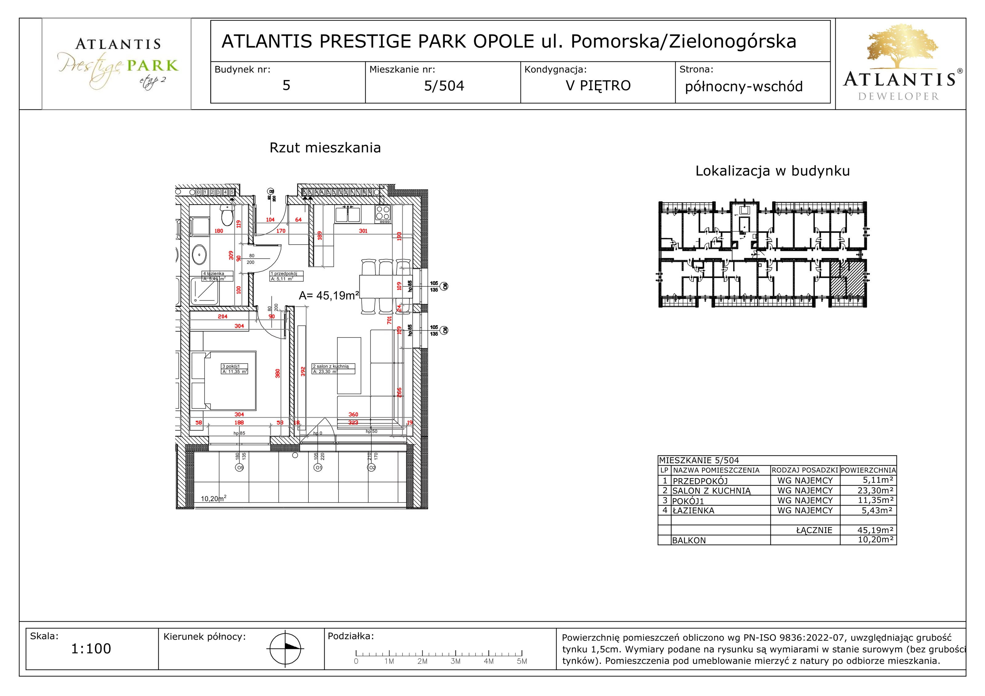 2 pokoje, apartament 45,19 m², piętro 5, oferta nr 5/504, Atlantis Prestige Park, Opole, Malinka, ul. Pomorska / Zielonogórska / Harcmistrza Kamińskiego