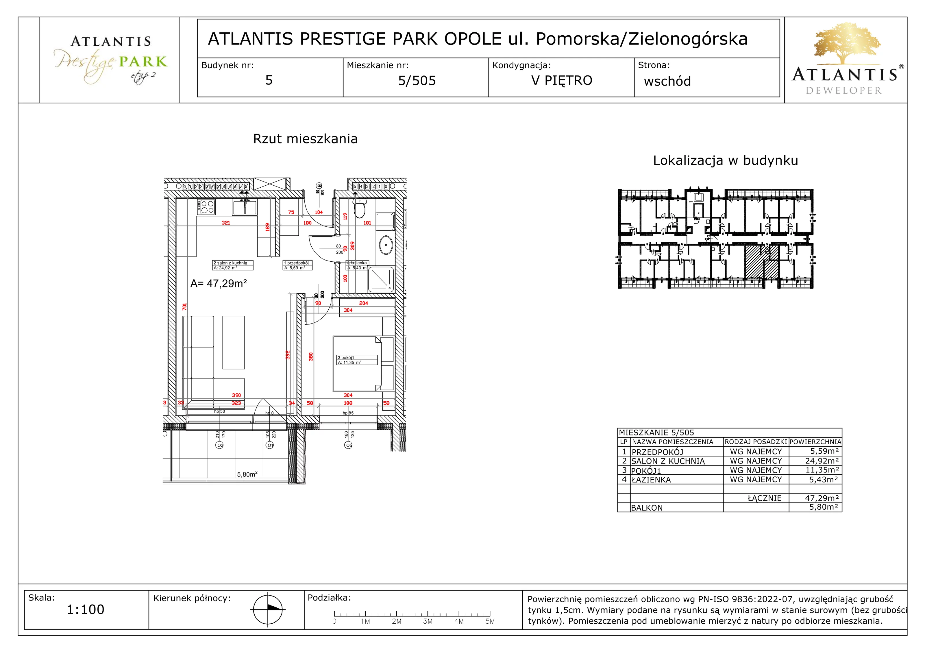 2 pokoje, apartament 47,29 m², piętro 5, oferta nr 5/505, Atlantis Prestige Park, Opole, Malinka, ul. Pomorska / Zielonogórska / Harcmistrza Kamińskiego