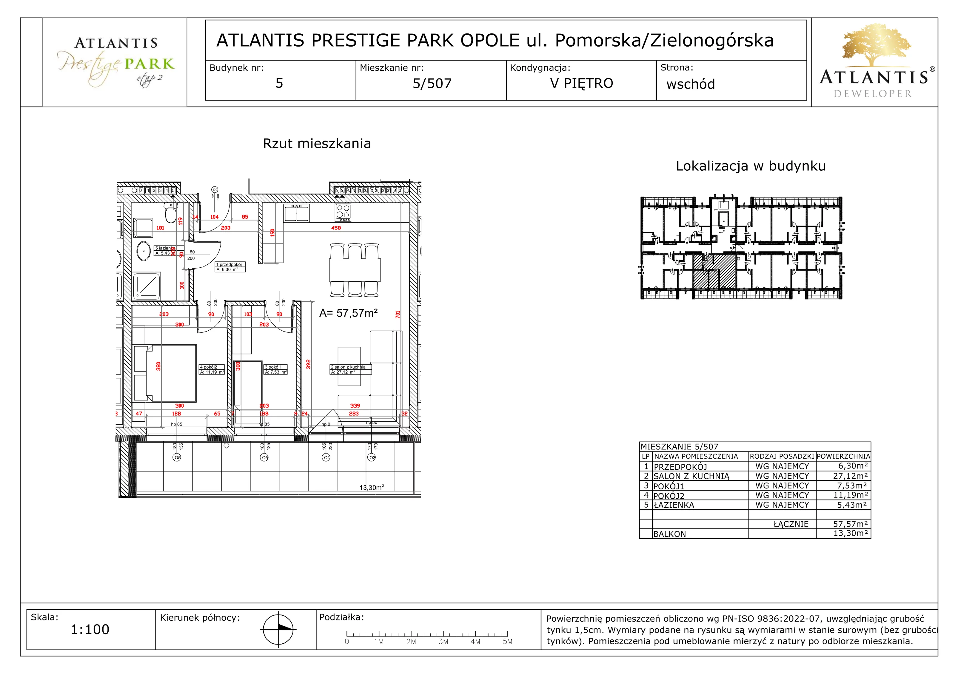 3 pokoje, apartament 57,57 m², piętro 5, oferta nr 5/507, Atlantis Prestige Park, Opole, Malinka, ul. Pomorska / Zielonogórska / Harcmistrza Kamińskiego