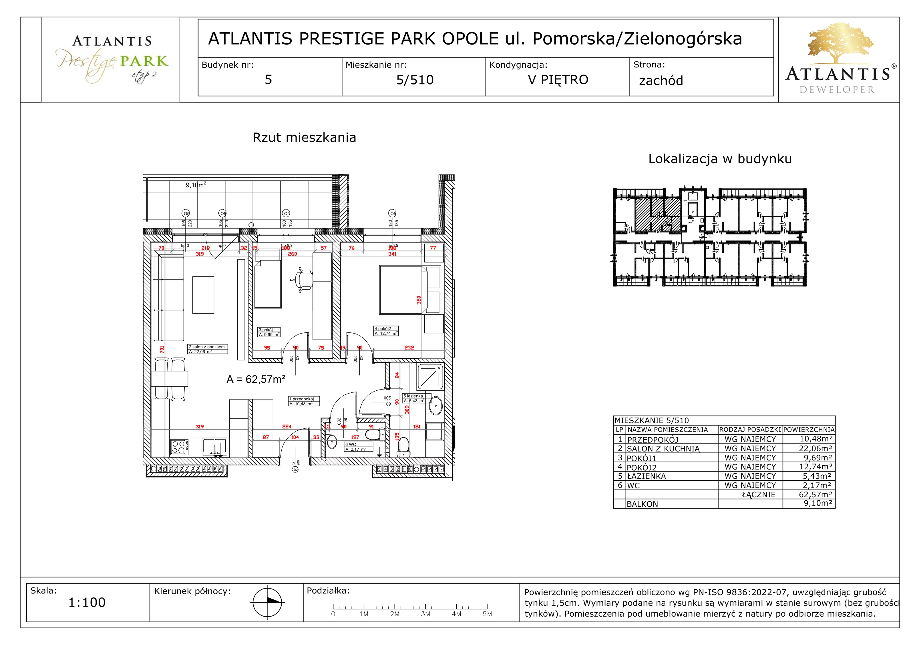 3 pokoje, apartament 62,57 m², piętro 5, oferta nr 5/510, Atlantis Prestige Park, Opole, Malinka, ul. Pomorska / Zielonogórska / Harcmistrza Kamińskiego