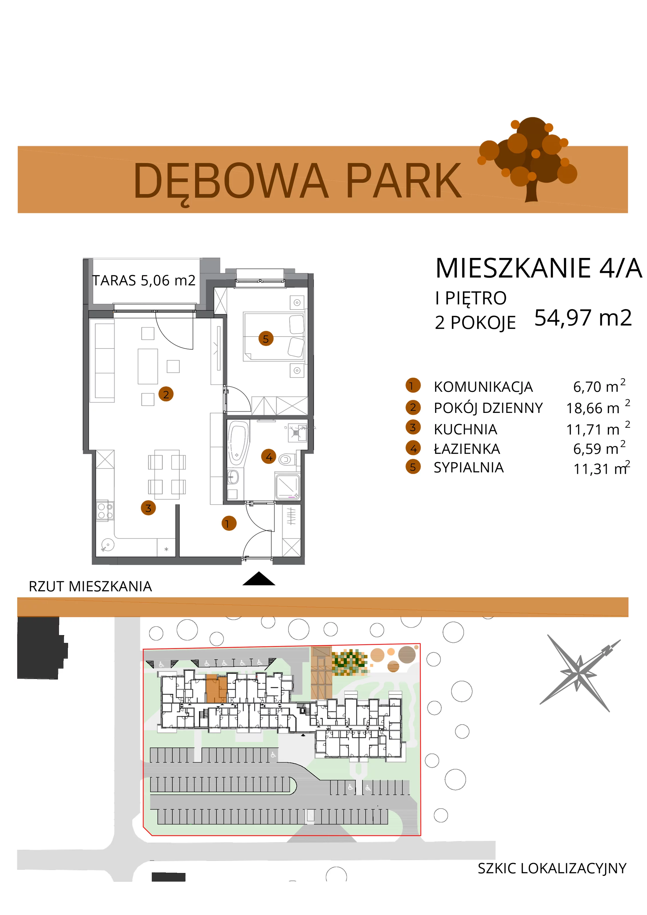 2 pokoje, mieszkanie 54,97 m², piętro 1, oferta nr 4A, Dębowa Park, Gogolin, ul. Dębowa