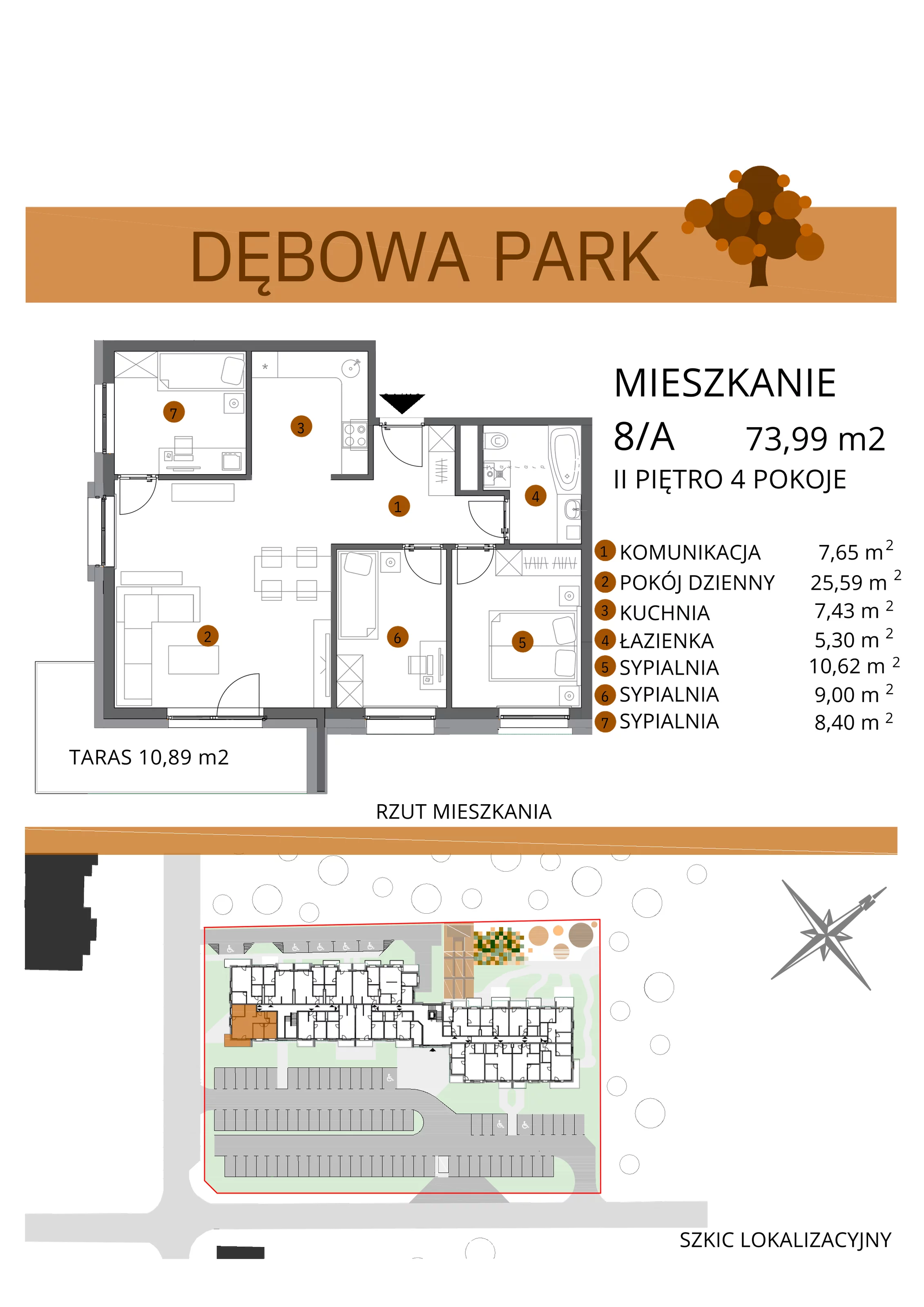 4 pokoje, mieszkanie 73,99 m², piętro 2, oferta nr 8A, Dębowa Park, Gogolin, ul. Dębowa