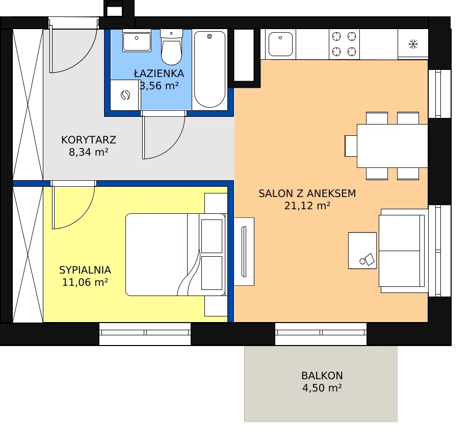 Zalety mieszkania 44.08 m², D-34