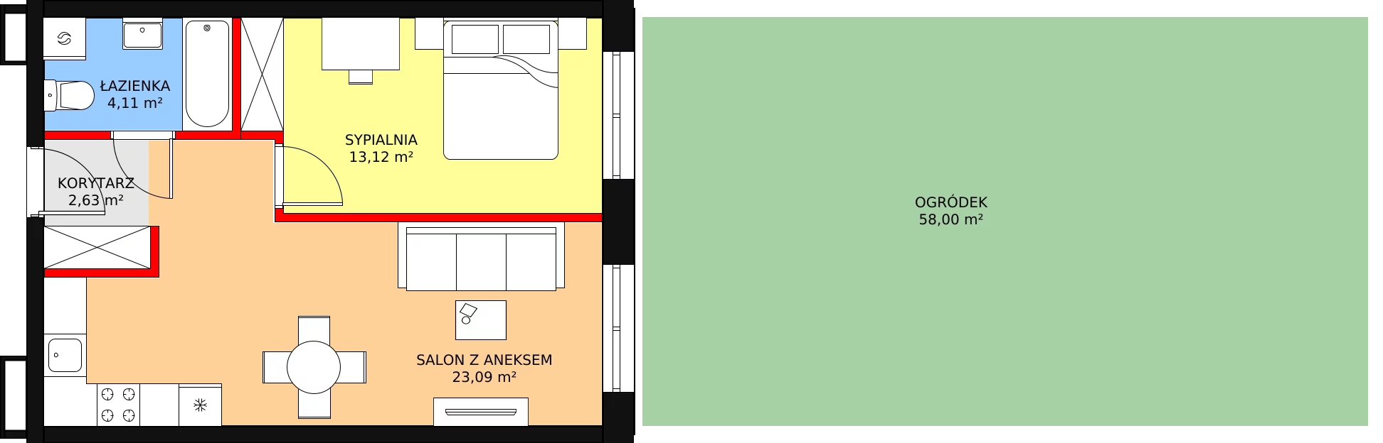 2 pokoje, mieszkanie 42,95 m², parter, oferta nr E-03, Królewicza Park, Szczecin, Północ, Niebuszewo-Bolinko, ul. Królewicza Kazimierza