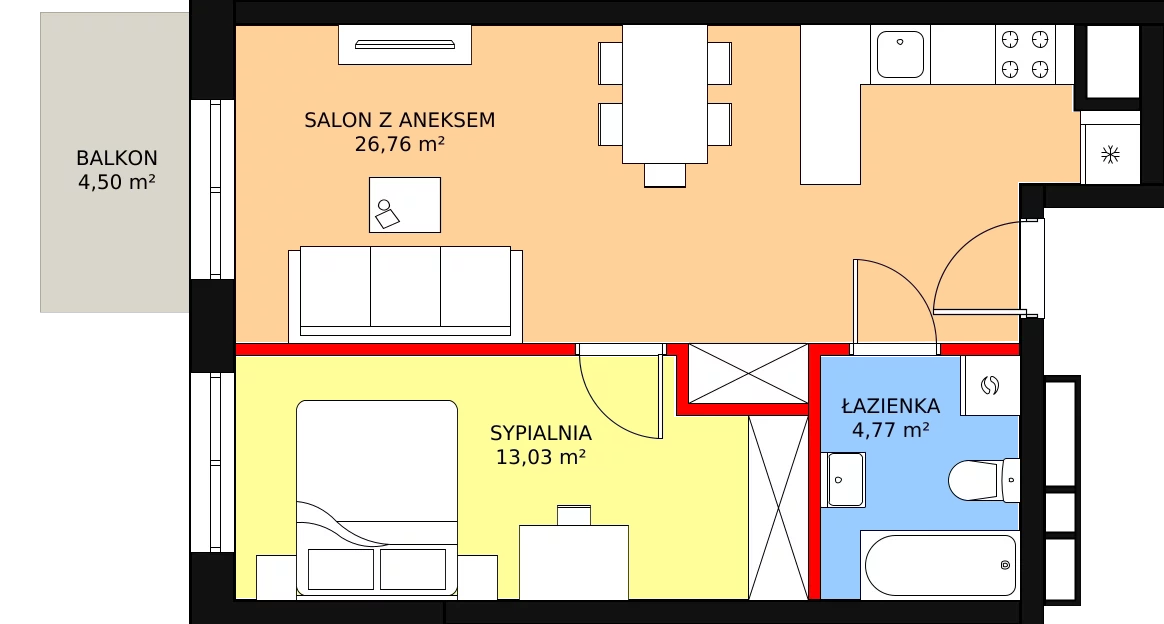 2 pokoje, mieszkanie 44,56 m², piętro 1, oferta nr E-08, Królewicza Park, Szczecin, Północ, Niebuszewo-Bolinko, ul. Królewicza Kazimierza