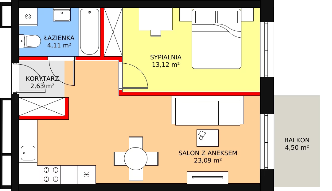 2 pokoje, mieszkanie 42,95 m², piętro 1, oferta nr E-11, Królewicza Park, Szczecin, Północ, Niebuszewo-Bolinko, ul. Królewicza Kazimierza