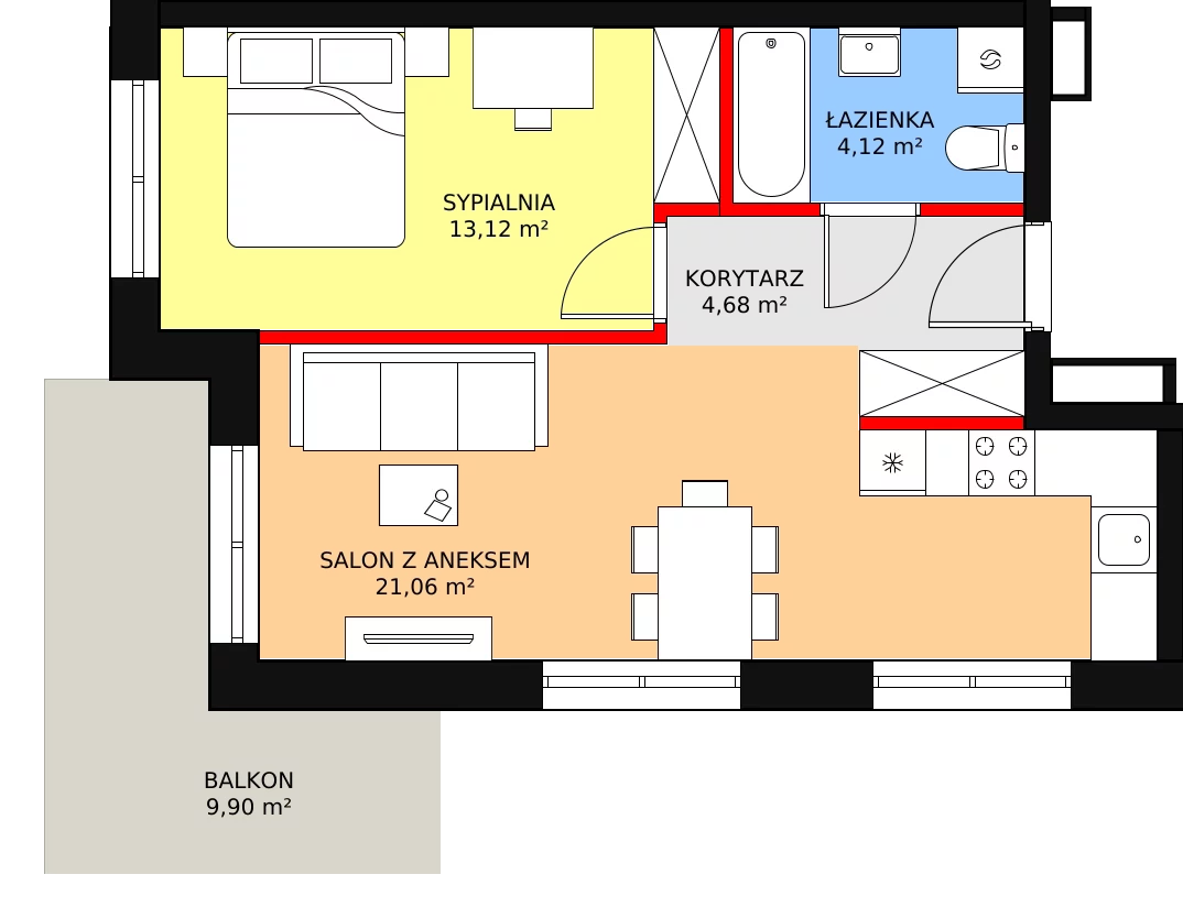 2 pokoje, mieszkanie 42,98 m², piętro 4, oferta nr E-34, Królewicza Park, Szczecin, Północ, Niebuszewo-Bolinko, ul. Królewicza Kazimierza