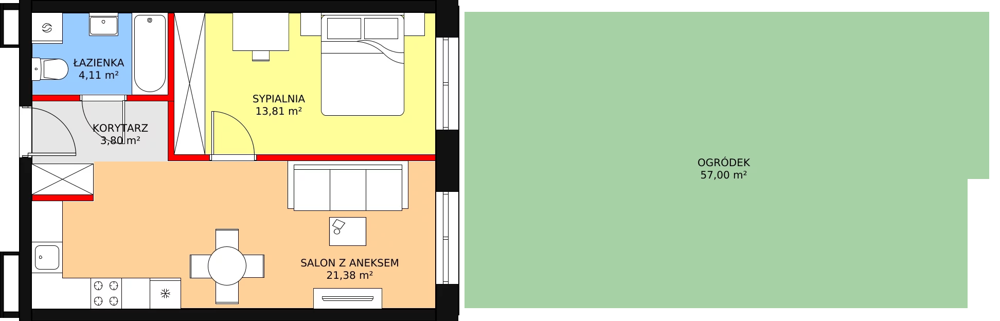 2 pokoje, mieszkanie 43,10 m², parter, oferta nr F-04, Królewicza Park, Szczecin, Północ, Niebuszewo-Bolinko, ul. Królewicza Kazimierza