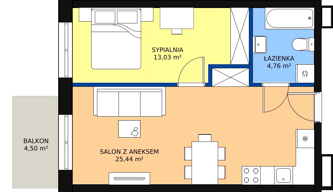 Zalety mieszkania 43.23 m², F-22