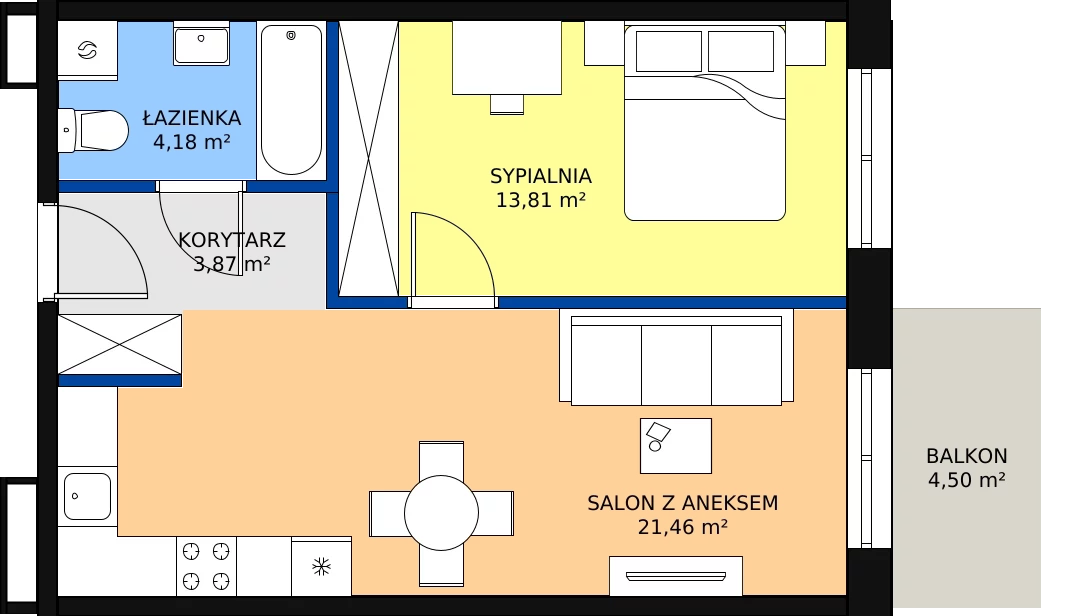 Zalety mieszkania 43.32 m², F-49