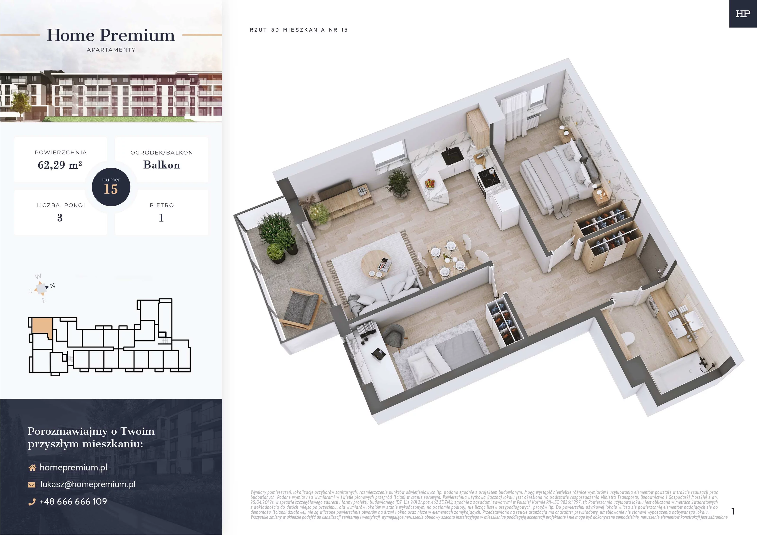 3 pokoje, mieszkanie 62,29 m², piętro 1, oferta nr 15, Apartamenty Home Premium, Ożarów Mazowiecki, ul. Piłsudskiego 6