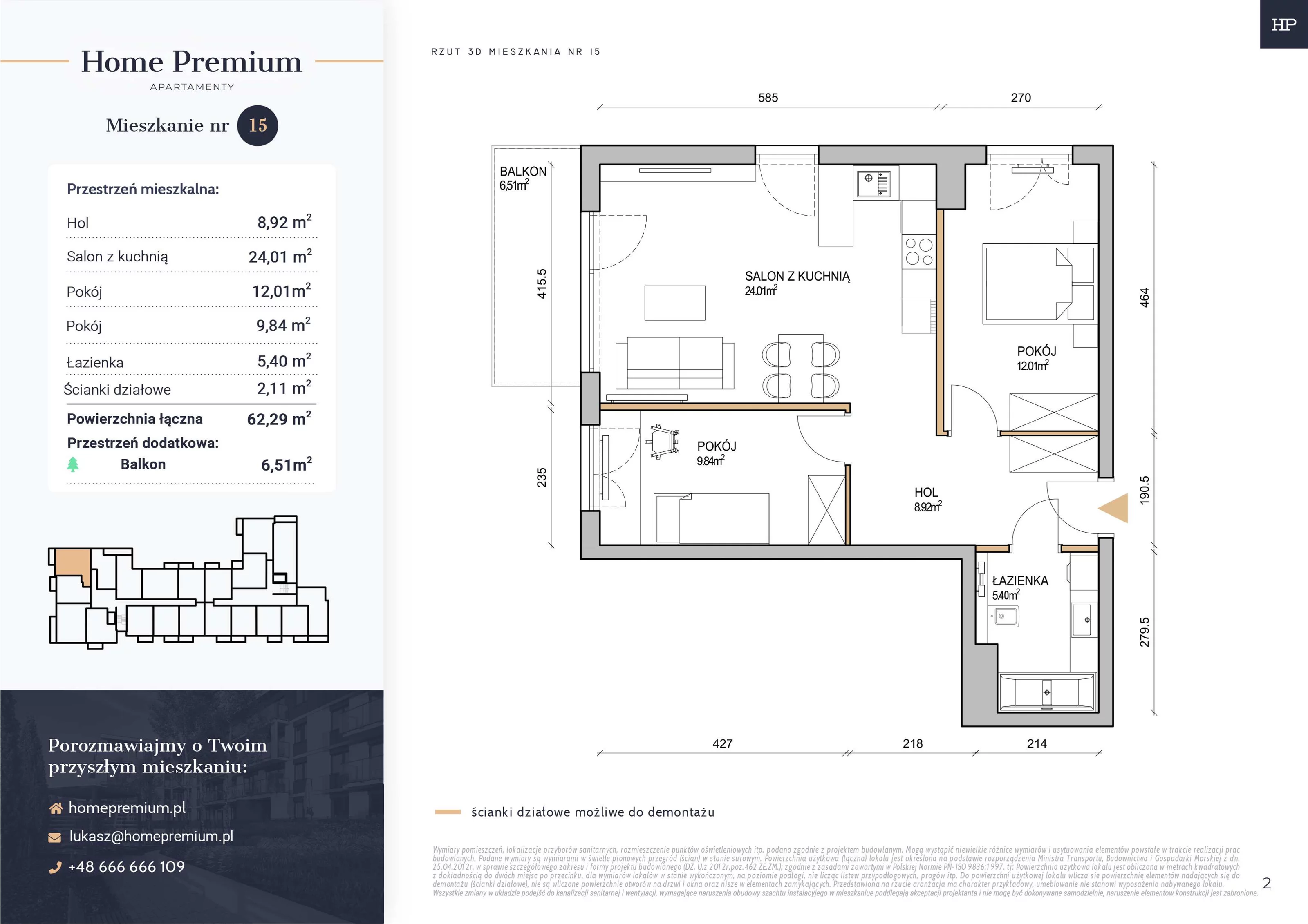3 pokoje, mieszkanie 62,29 m², piętro 1, oferta nr 15, Apartamenty Home Premium, Ożarów Mazowiecki, ul. Piłsudskiego 6