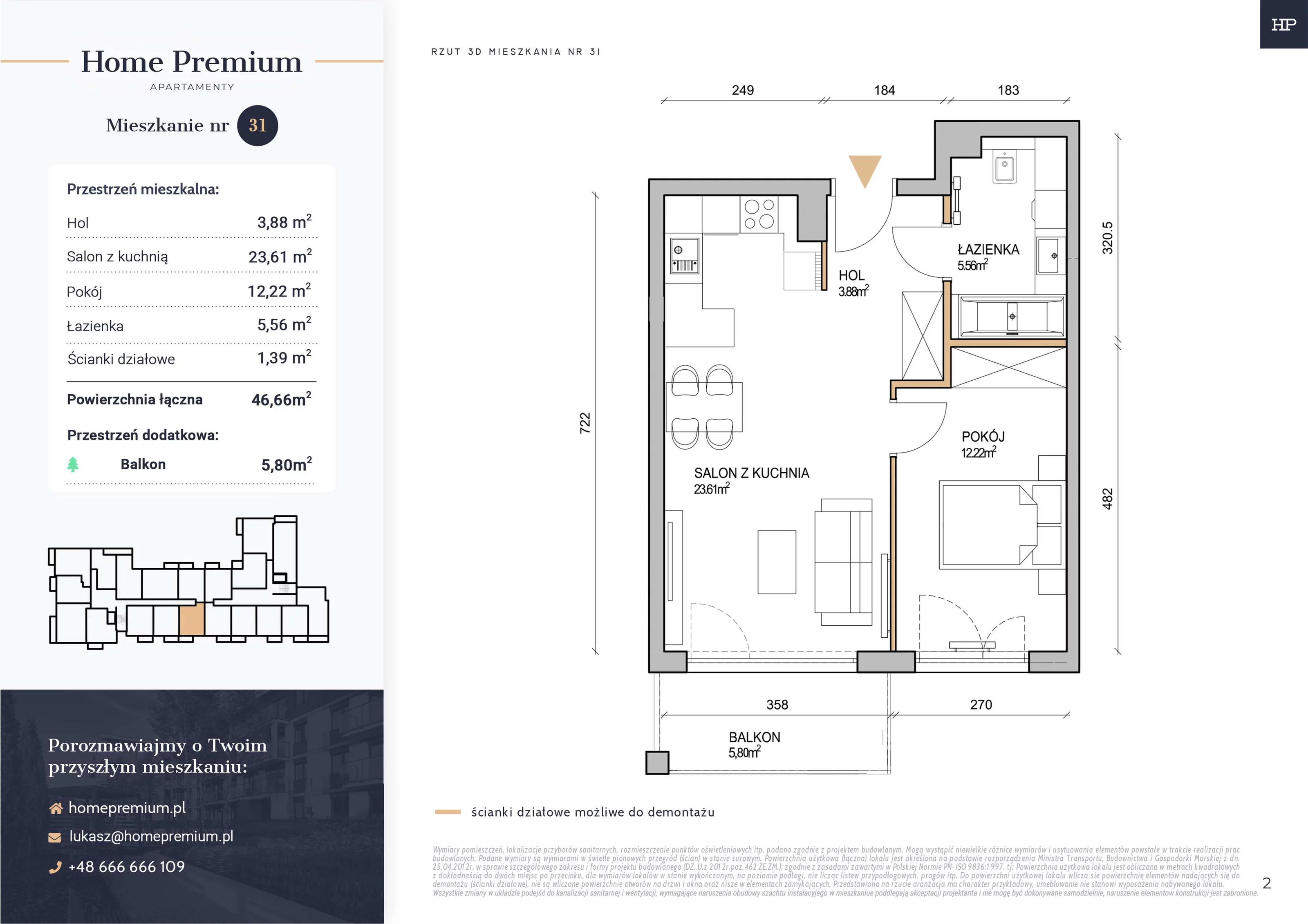 Mieszkanie 46,66 m², piętro 2, oferta nr 31, Apartamenty Home Premium, Ożarów Mazowiecki, ul. Piłsudskiego 6