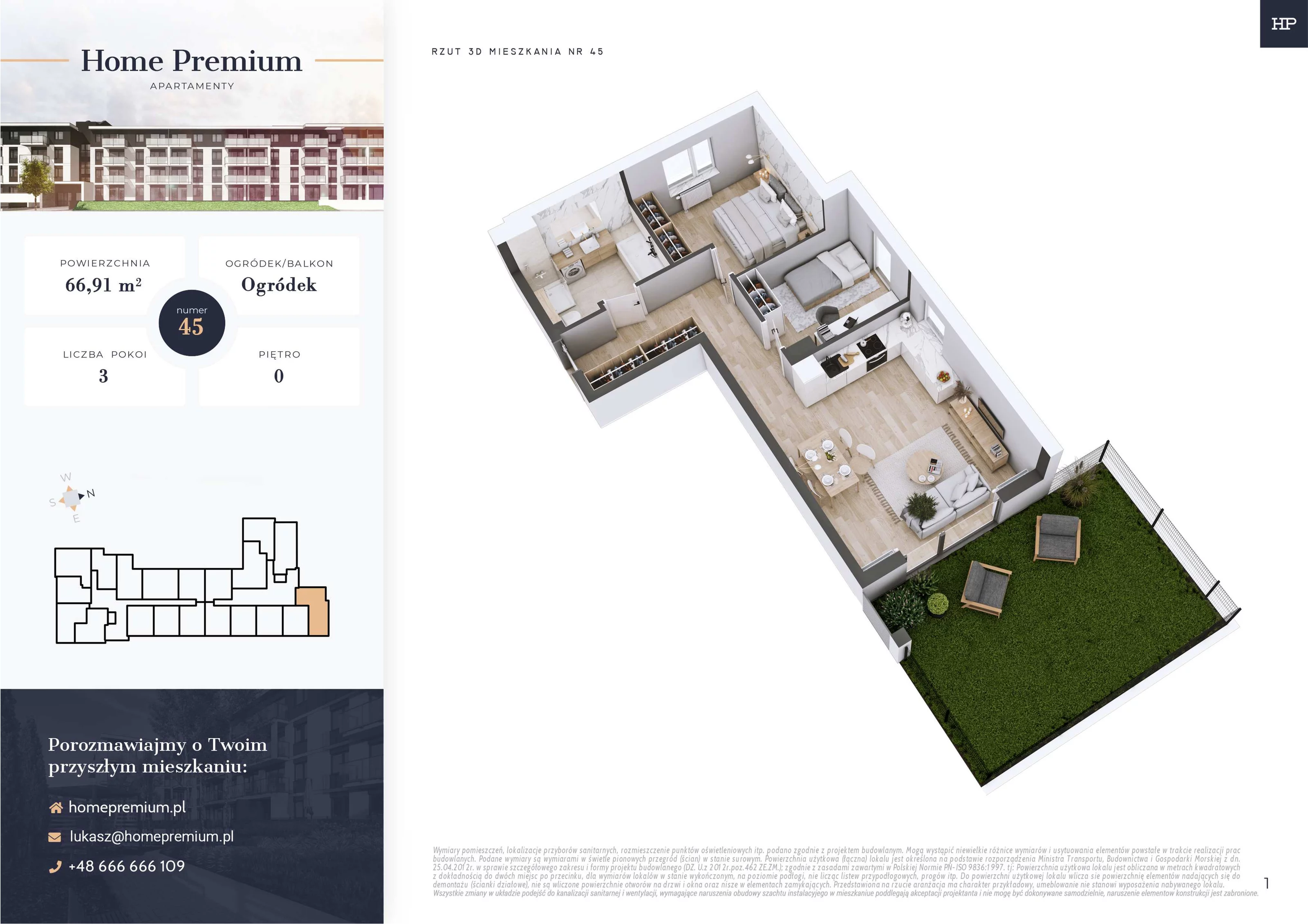 3 pokoje, mieszkanie 66,91 m², parter, oferta nr 45, Apartamenty Home Premium, Ożarów Mazowiecki, ul. Piłsudskiego 6