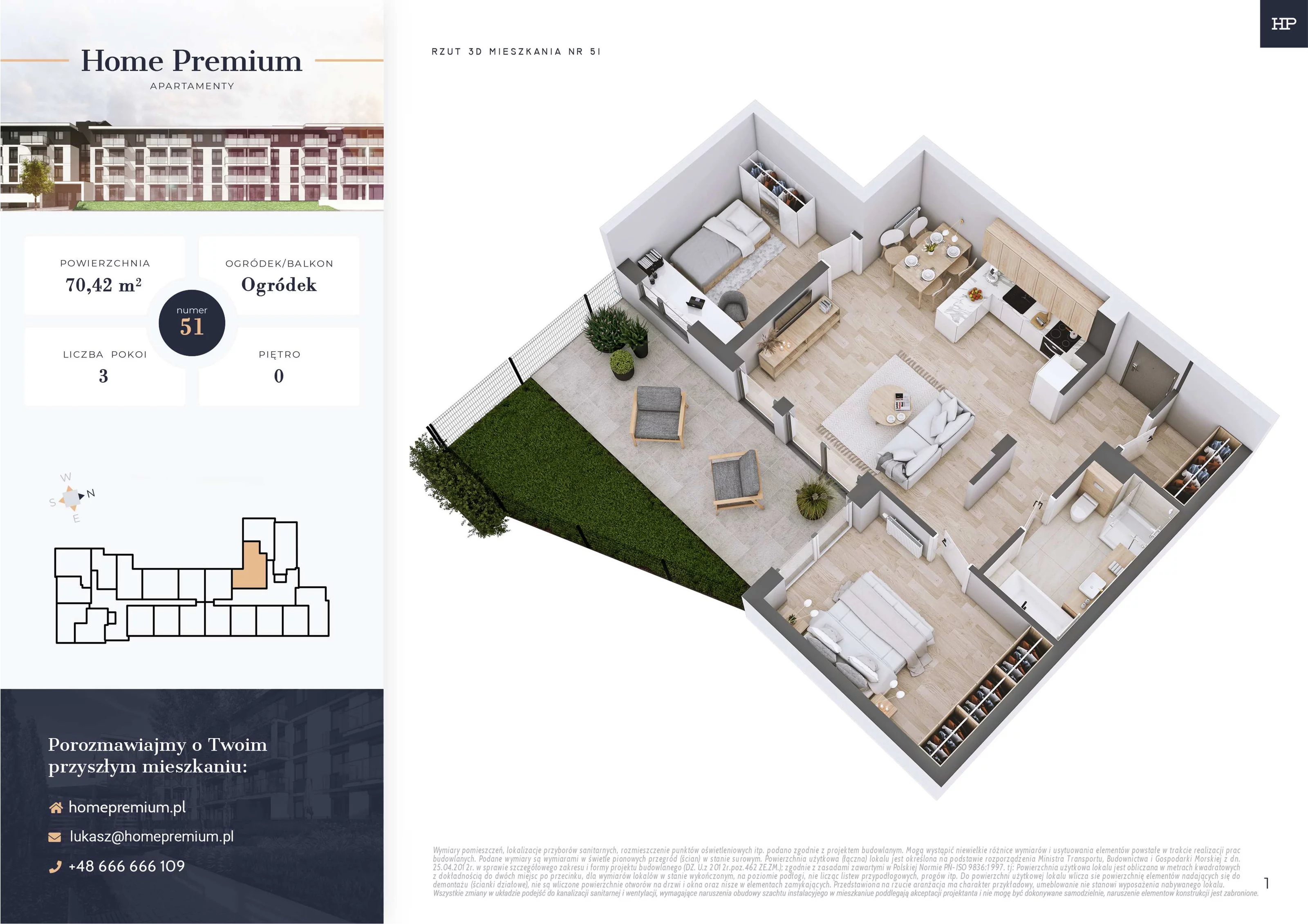 3 pokoje, mieszkanie 70,42 m², parter, oferta nr 51, Apartamenty Home Premium, Ożarów Mazowiecki, ul. Piłsudskiego 6