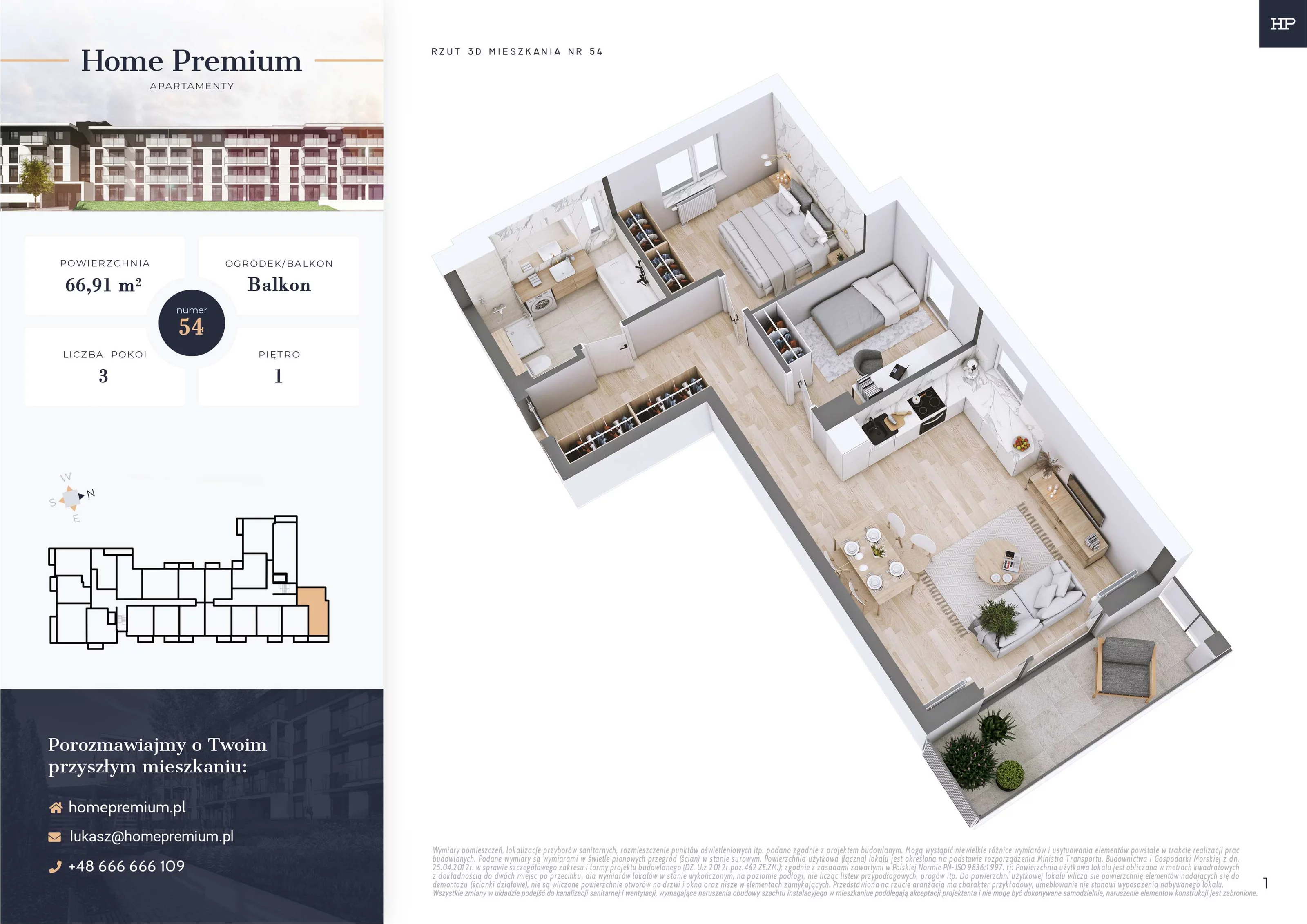 3 pokoje, mieszkanie 66,91 m², piętro 1, oferta nr 54, Apartamenty Home Premium, Ożarów Mazowiecki, ul. Piłsudskiego 6