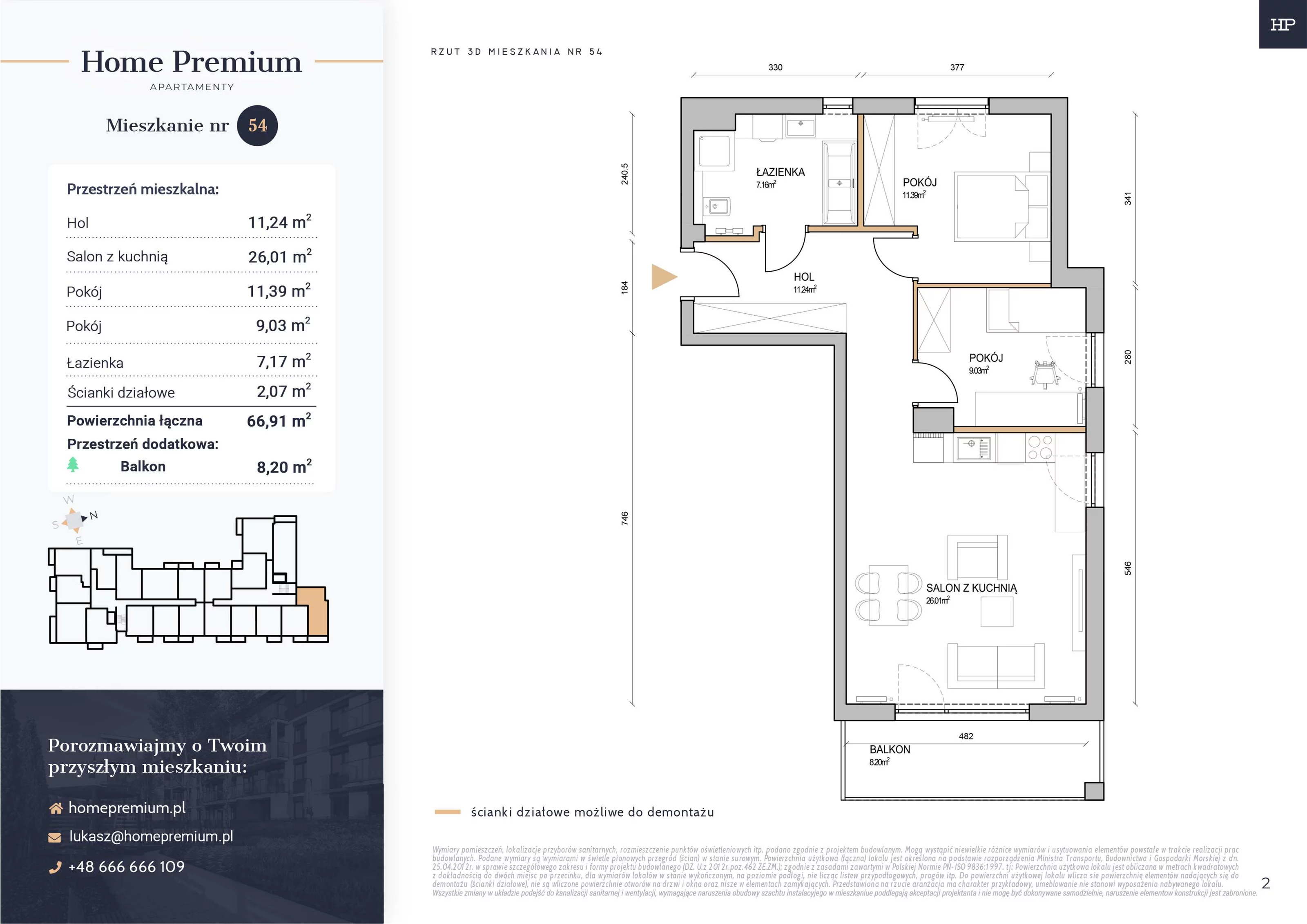 3 pokoje, mieszkanie 66,91 m², piętro 1, oferta nr 54, Apartamenty Home Premium, Ożarów Mazowiecki, ul. Piłsudskiego 6