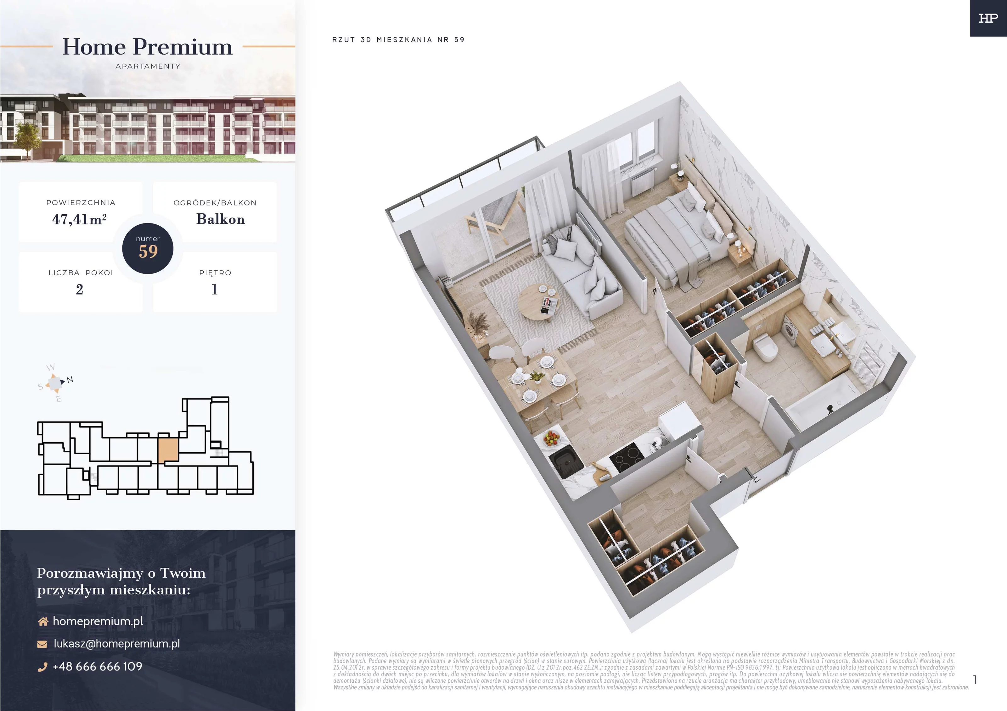 Mieszkanie 47,41 m², piętro 1, oferta nr 59, Apartamenty Home Premium, Ożarów Mazowiecki, ul. Piłsudskiego 6