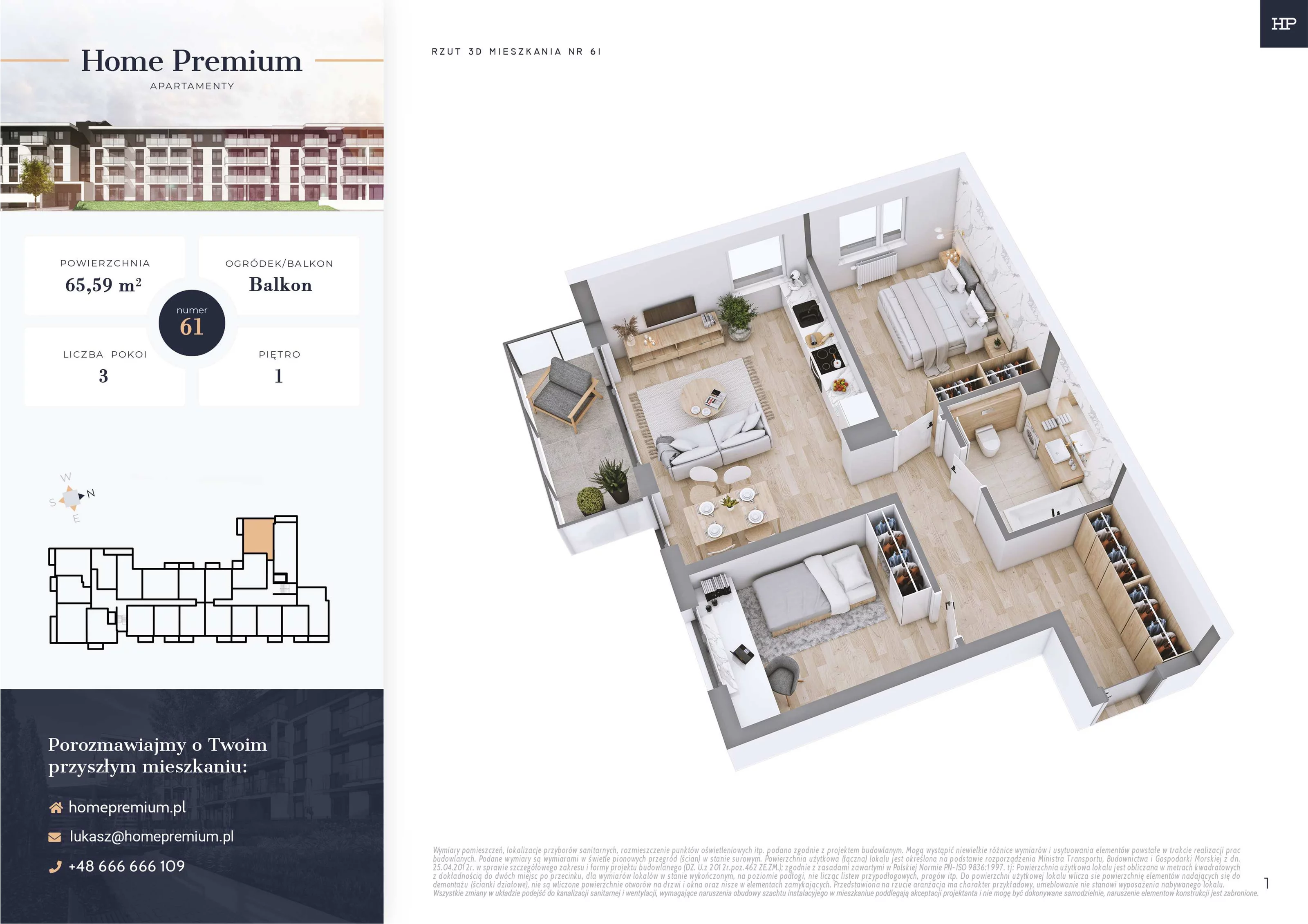 3 pokoje, mieszkanie 65,59 m², piętro 1, oferta nr 61, Apartamenty Home Premium, Ożarów Mazowiecki, ul. Piłsudskiego 6