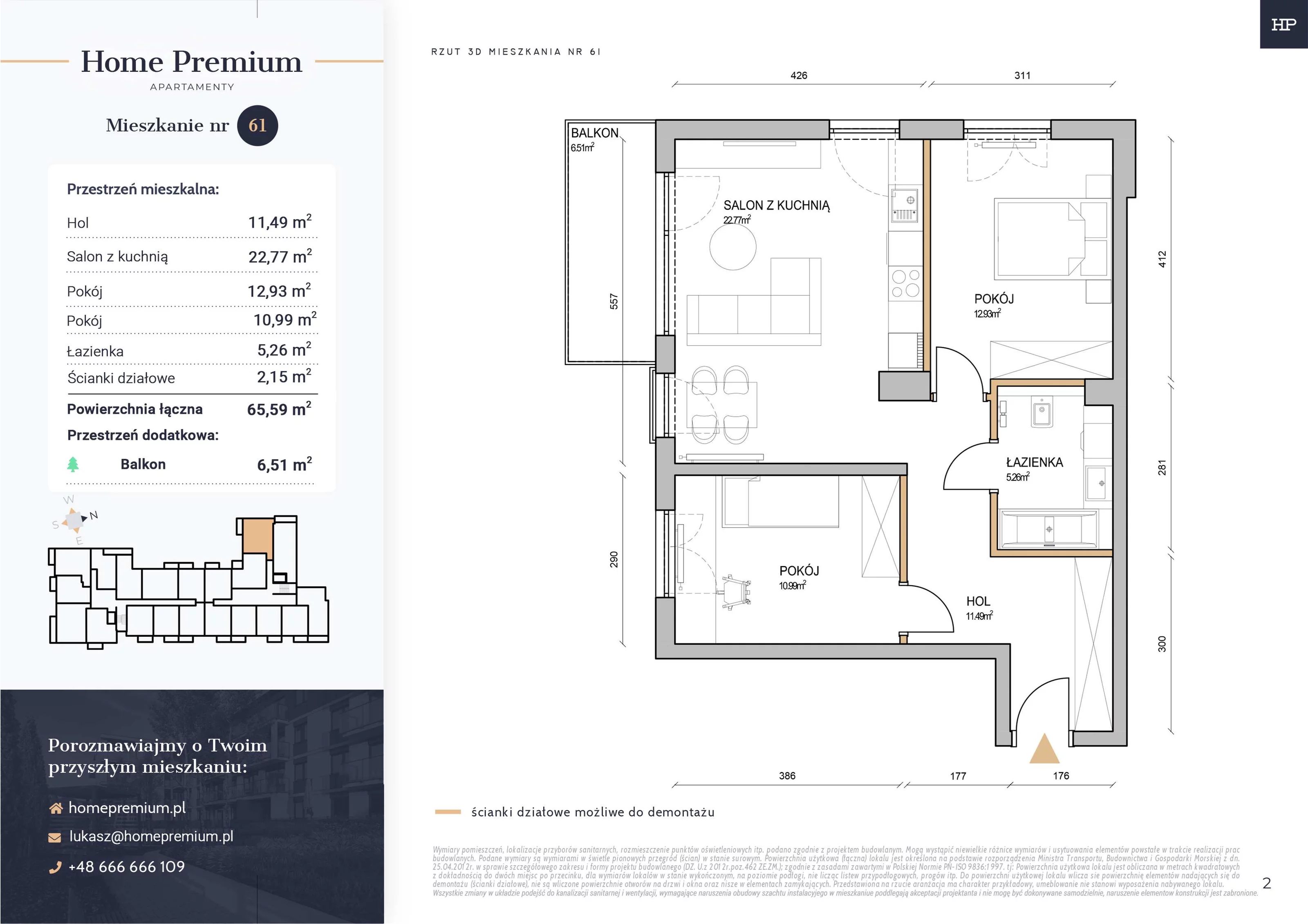 3 pokoje, mieszkanie 65,59 m², piętro 1, oferta nr 61, Apartamenty Home Premium, Ożarów Mazowiecki, ul. Piłsudskiego 6