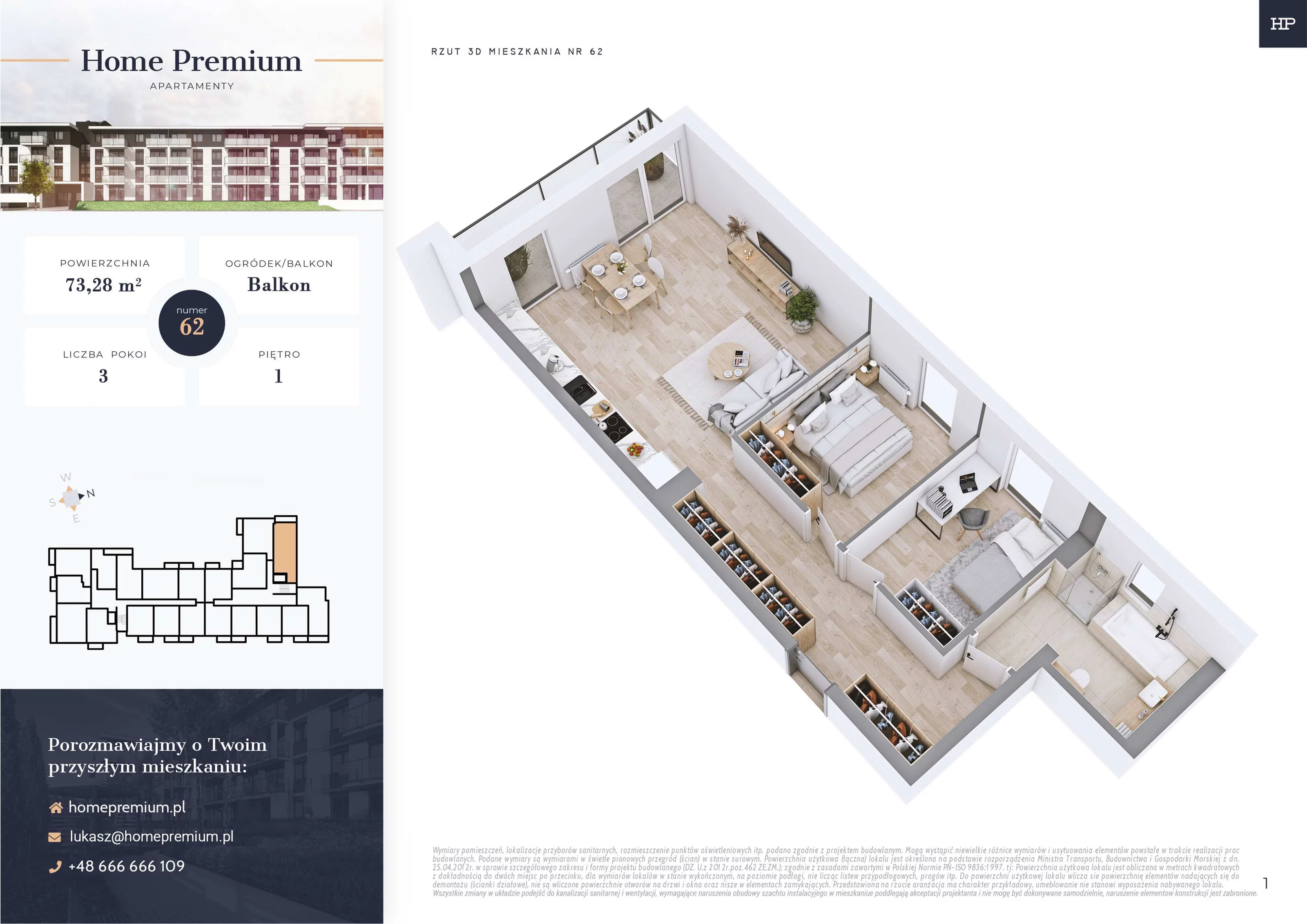 3 pokoje, mieszkanie 73,28 m², piętro 1, oferta nr 62, Apartamenty Home Premium, Ożarów Mazowiecki, ul. Piłsudskiego 6