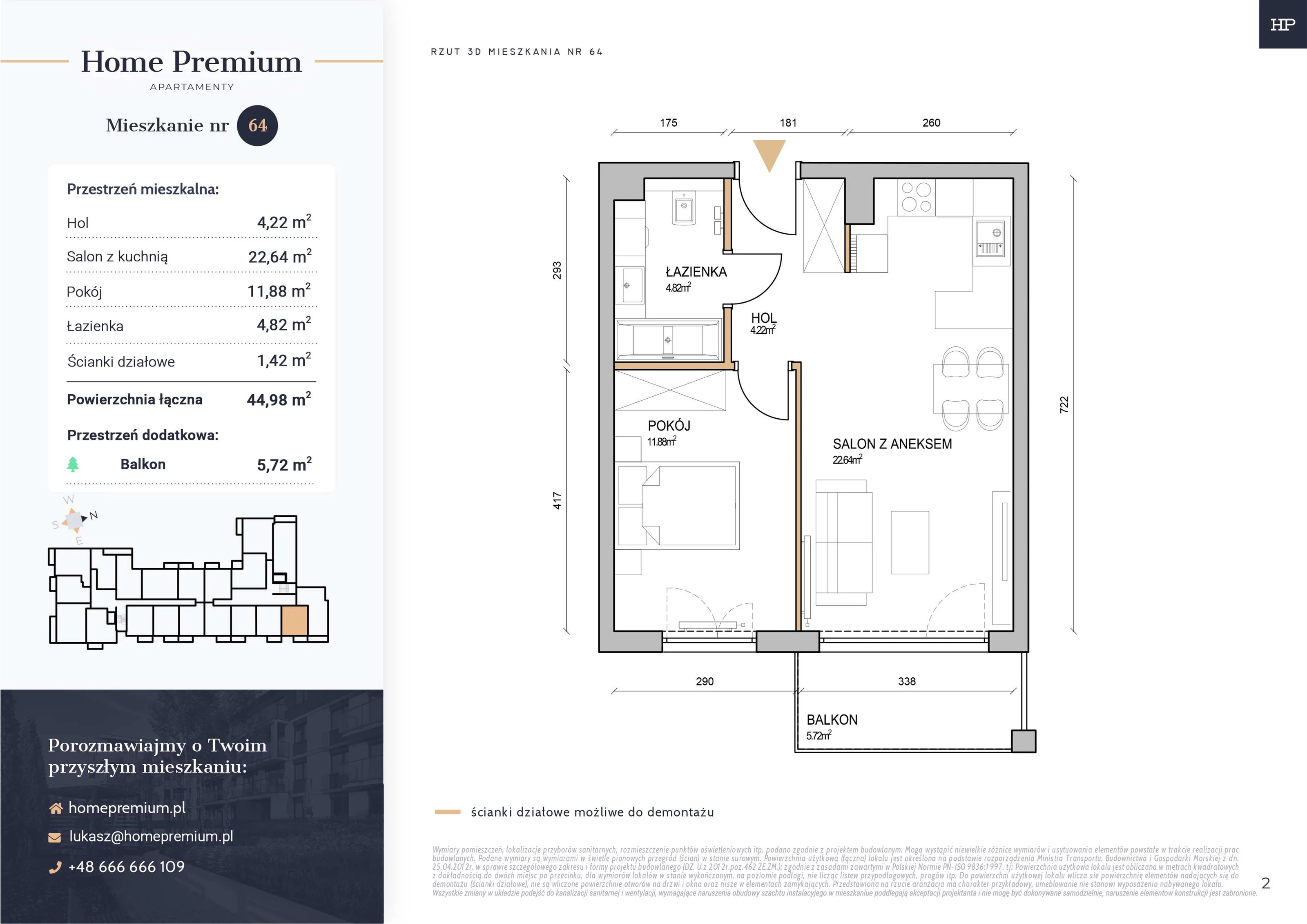 Mieszkanie 44,98 m², piętro 2, oferta nr 64, Apartamenty Home Premium, Ożarów Mazowiecki, ul. Piłsudskiego 6