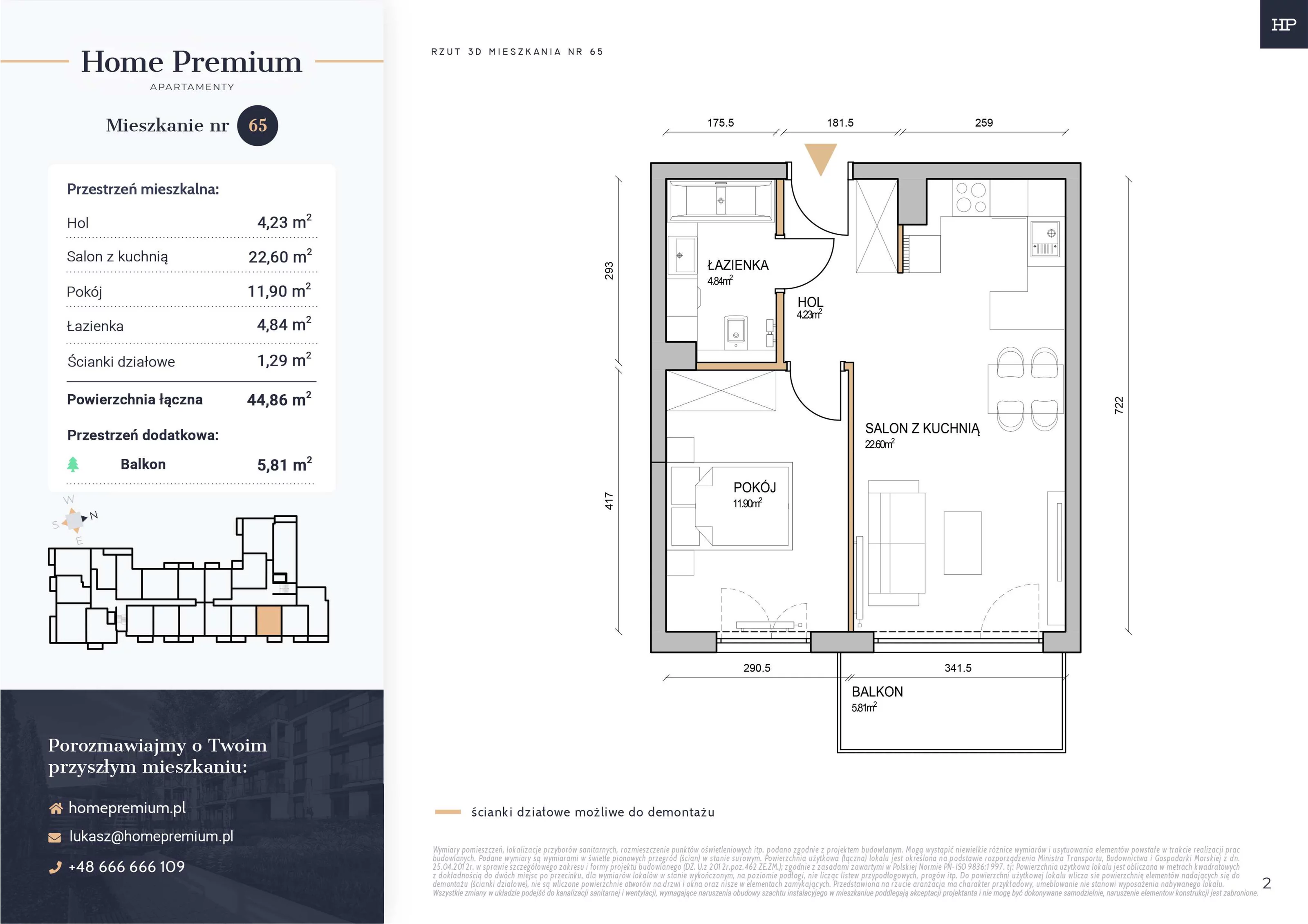 Mieszkanie 44,86 m², piętro 2, oferta nr 65, Apartamenty Home Premium, Ożarów Mazowiecki, ul. Piłsudskiego 6