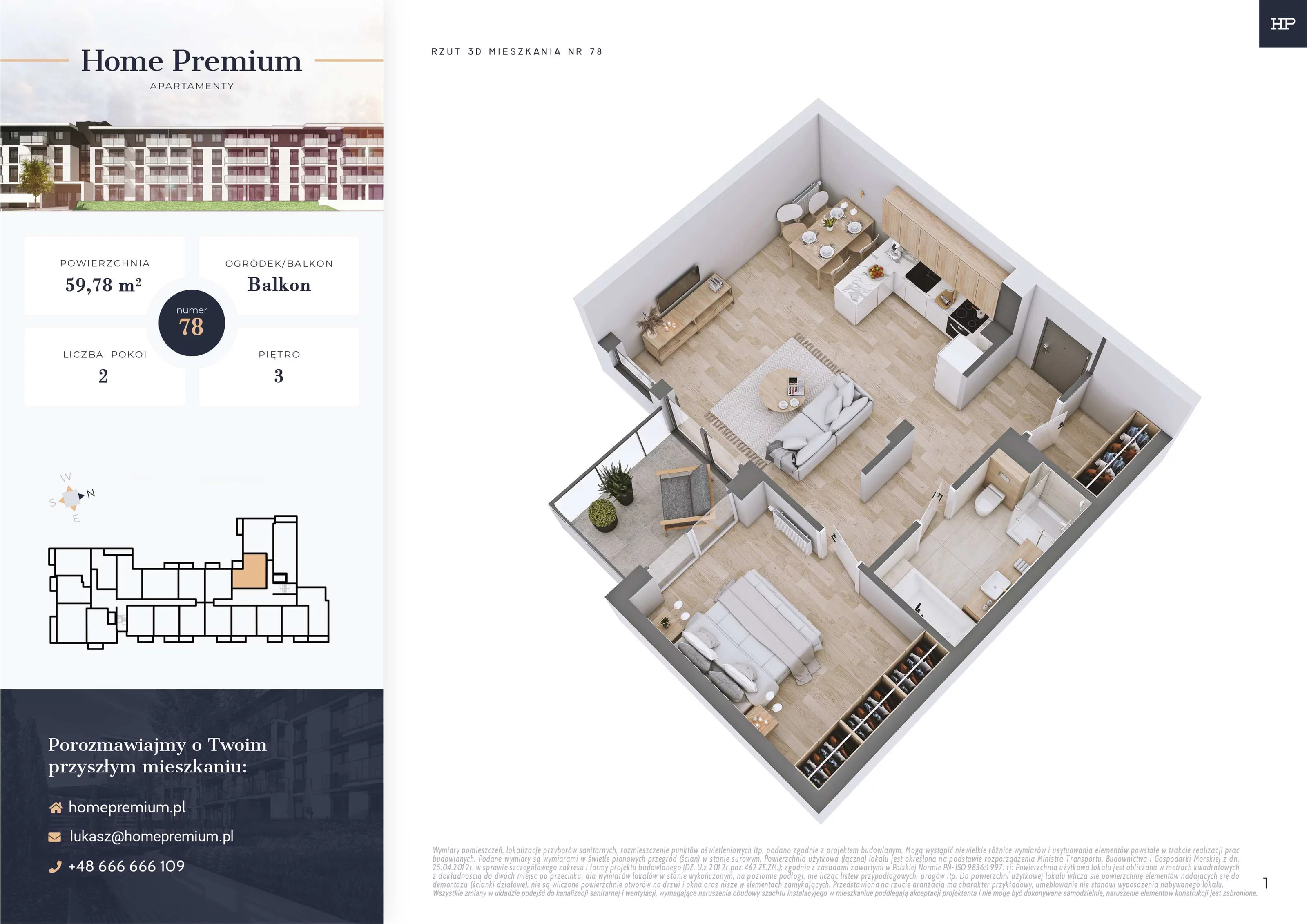 Mieszkanie 59,78 m², piętro 3, oferta nr 78, Apartamenty Home Premium, Ożarów Mazowiecki, ul. Piłsudskiego 6